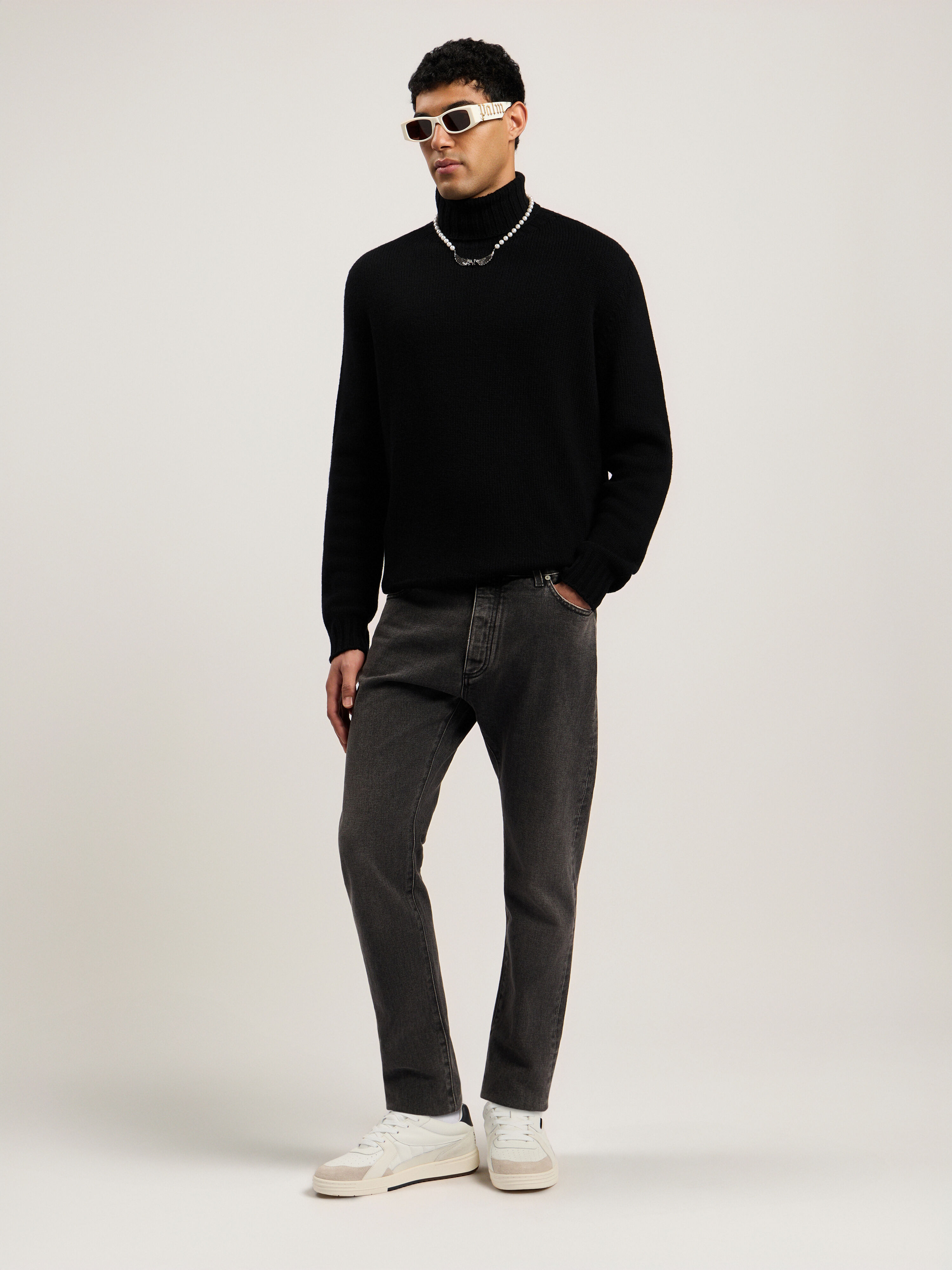 Curved Logo Denim Jeans in BLACK WHITE for Men | Palm Angels®
