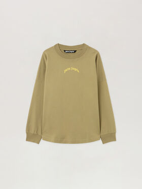 PALM ANGELS Curved Logo Long Sleeve T-Shirt ARMY GREEN - YELLOW PMAB059F25JER001
