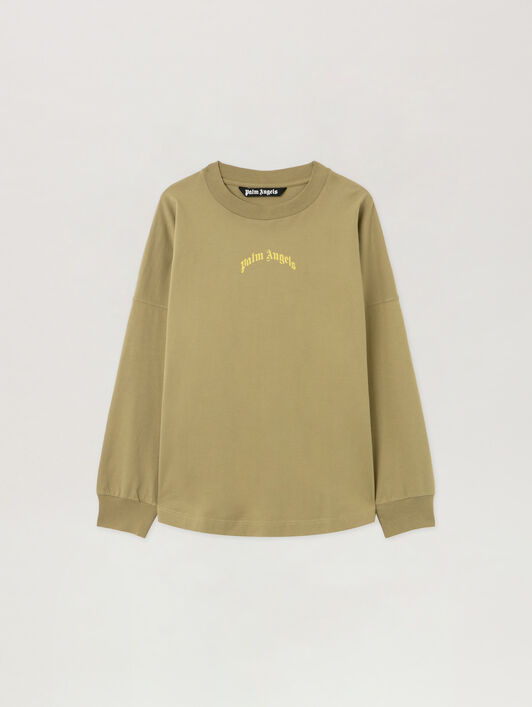 PALM ANGELS Curved Logo Long Sleeve T-Shirt ARMY GREEN - YELLOW PMAB059F25JER001