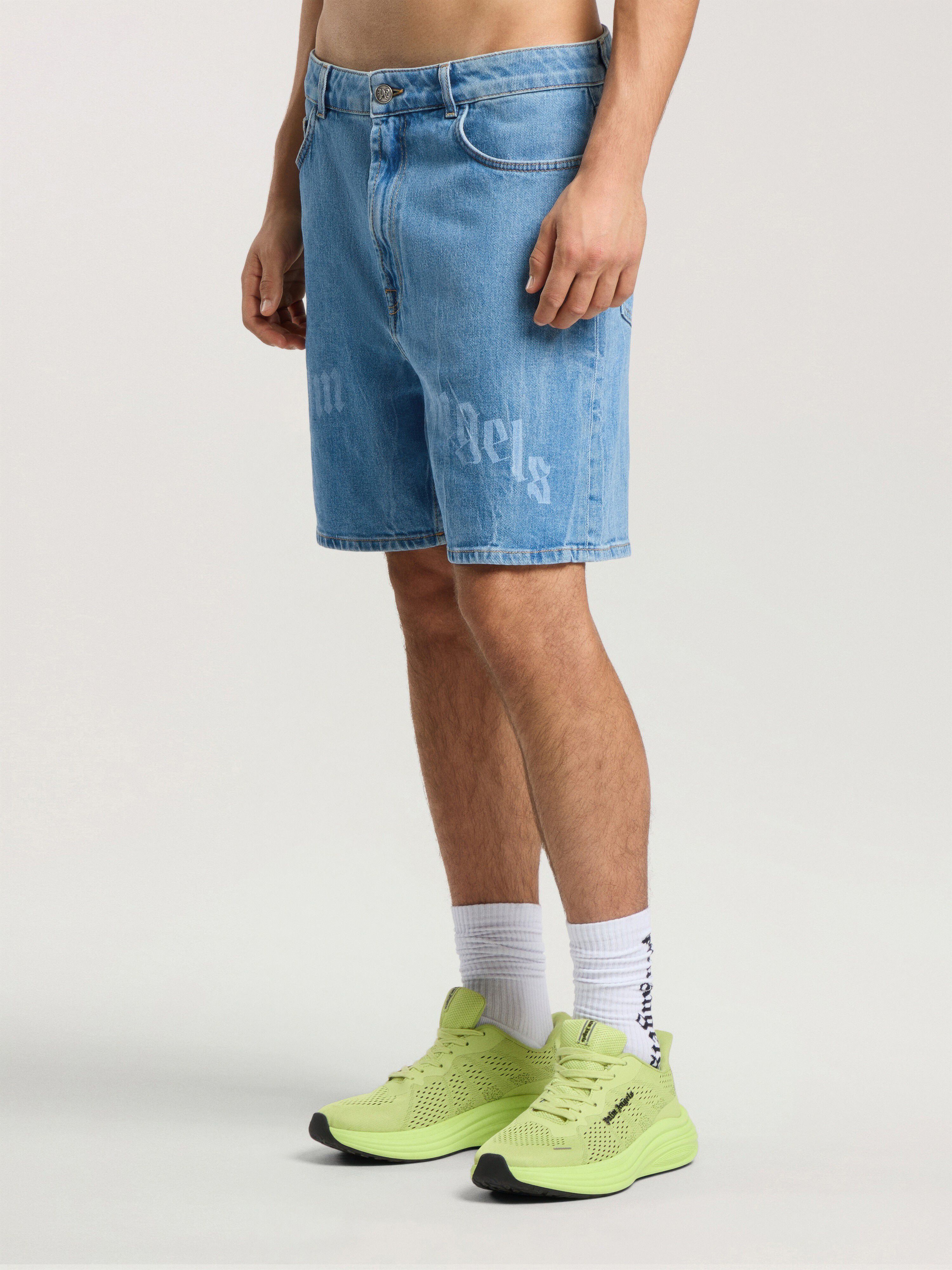 PALM ANGELS Splitted Curved Logo Loose Denim Shorts LIGHT BLUE - LIGHT BLUE PAMYC01F26DN01