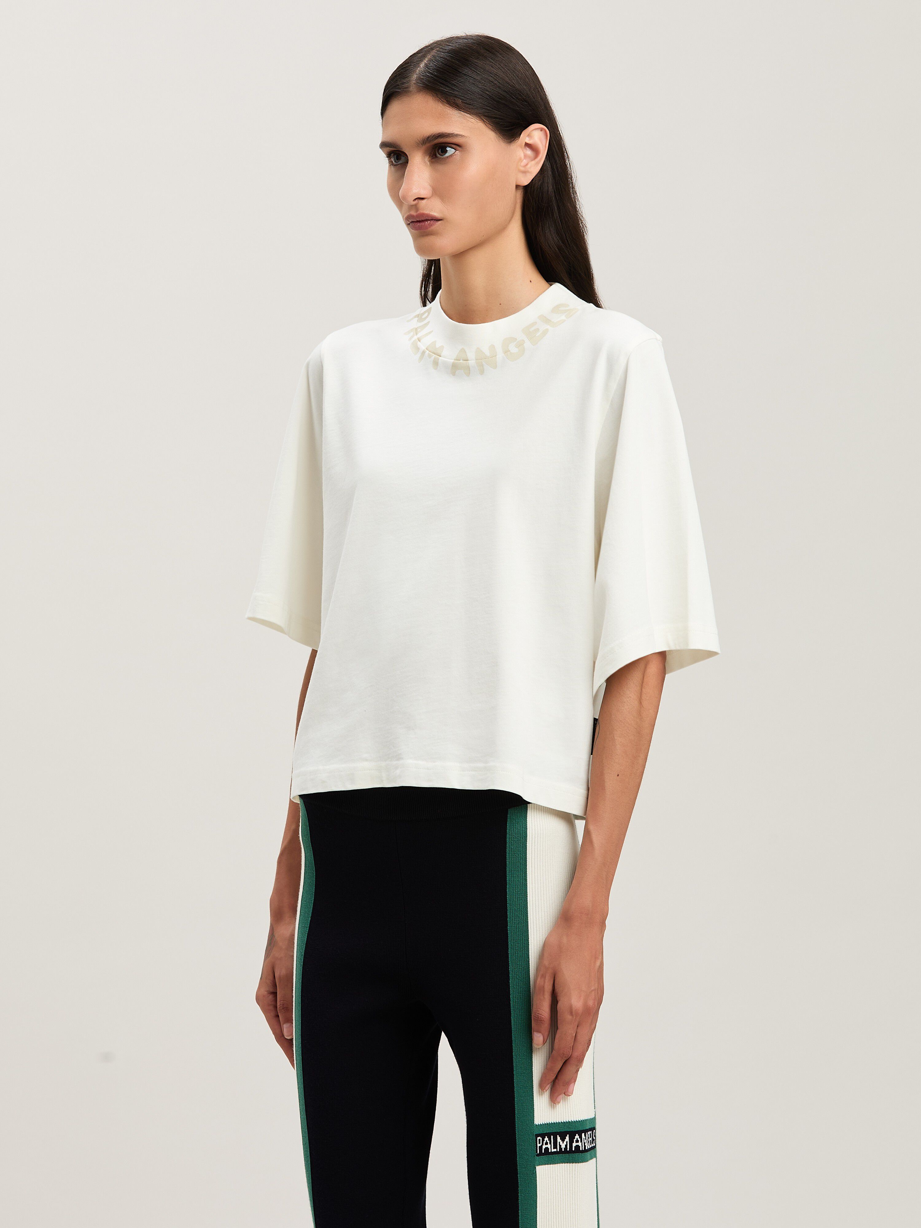 PALM ANGELS  Block logo cropped T-shirt OFF WHITE - IVORY PWAA020S25JER003