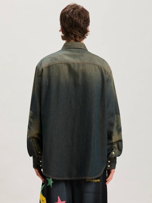 PALM ANGELS  Jeansjacke mit lasergravierter Palme BROWN - GREY PMYD019S25DEN001
