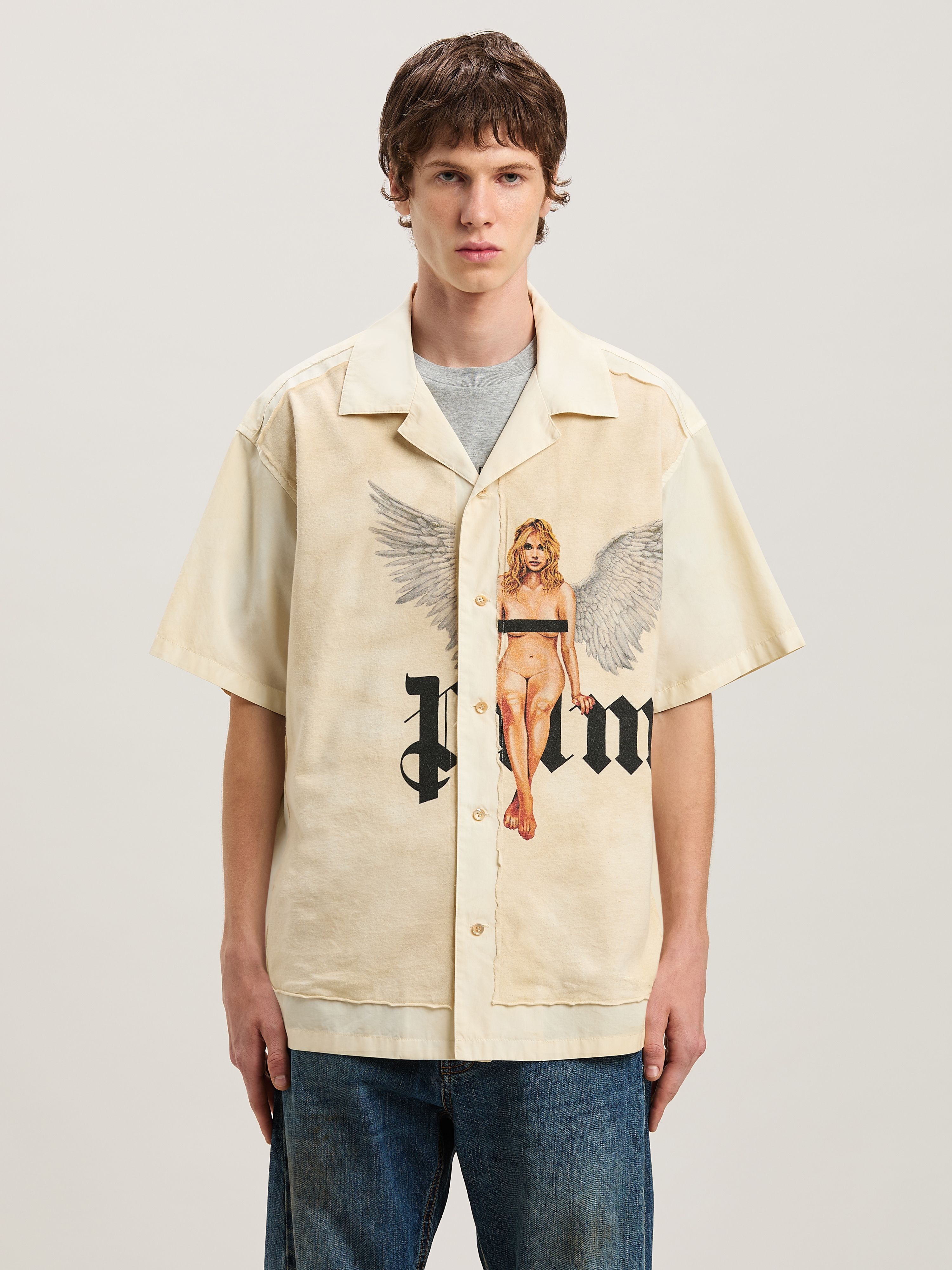 PALM ANGELS  Pin Up Bowling Shirt OFF WHITE - BLACK PMGG008S25FAB001