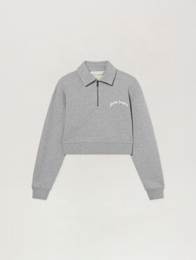 PALM ANGELS Curved Logo Crop Polo Crew Long Sleeve GREY MELANGE - OFF WHITE PAWGC03F26FL01
