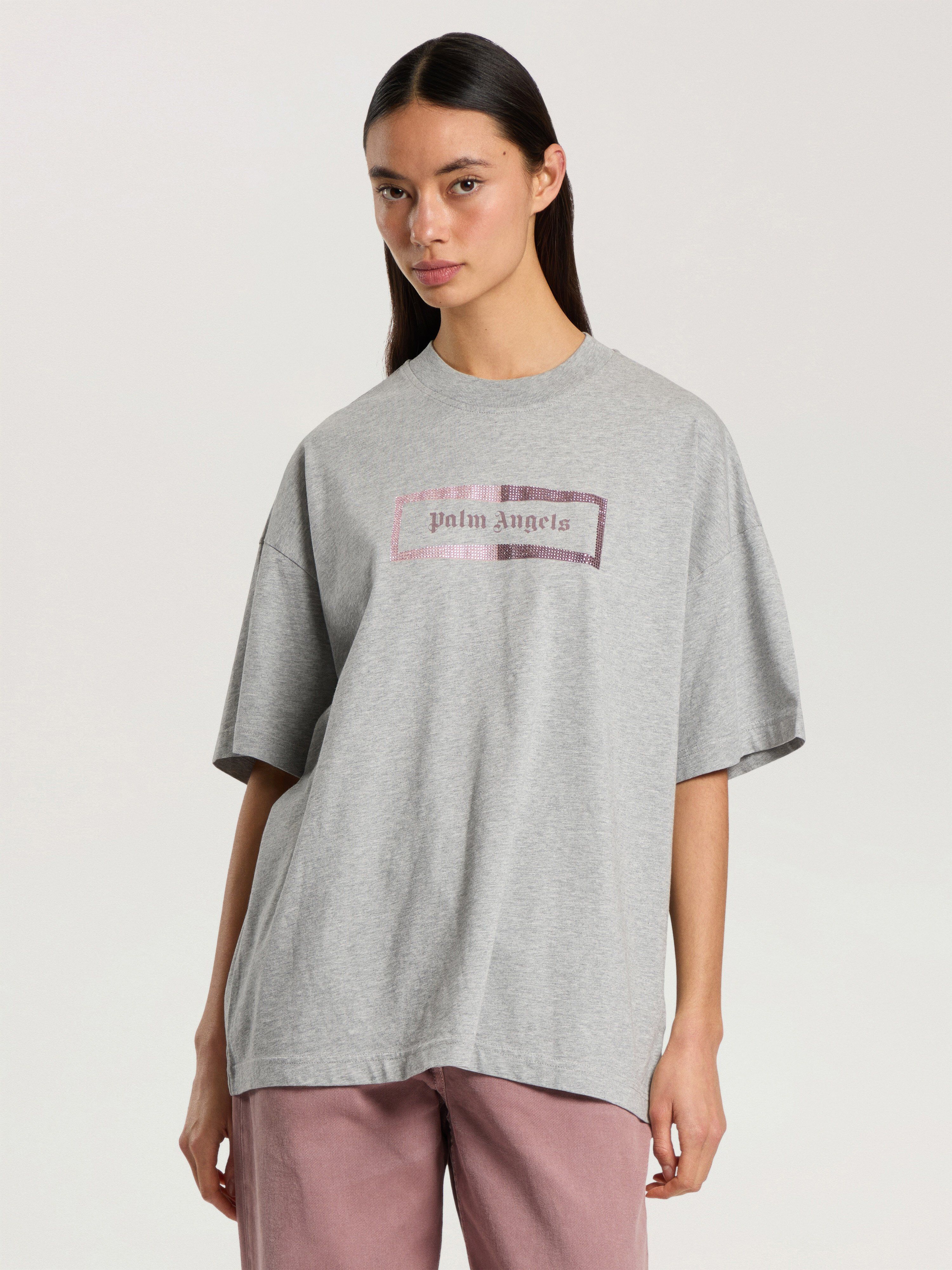 Studded Box Logo Loose T-Shirt PALM ANGELS Studded Box Logo Loose T-Shirt GREY MELANGE - PINK PAWAA05F26JR02