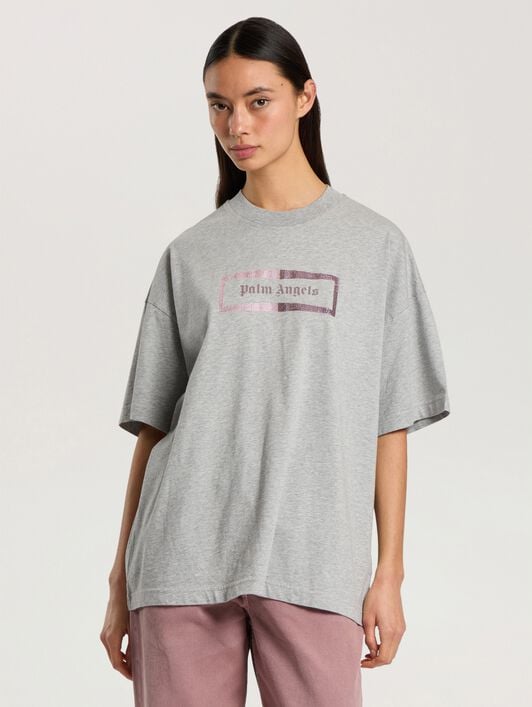 Studded Box Logo Loose T-Shirt PALM ANGELS Studded Box Logo Loose T-Shirt GREY MELANGE - PINK PAWAA05F26JR02