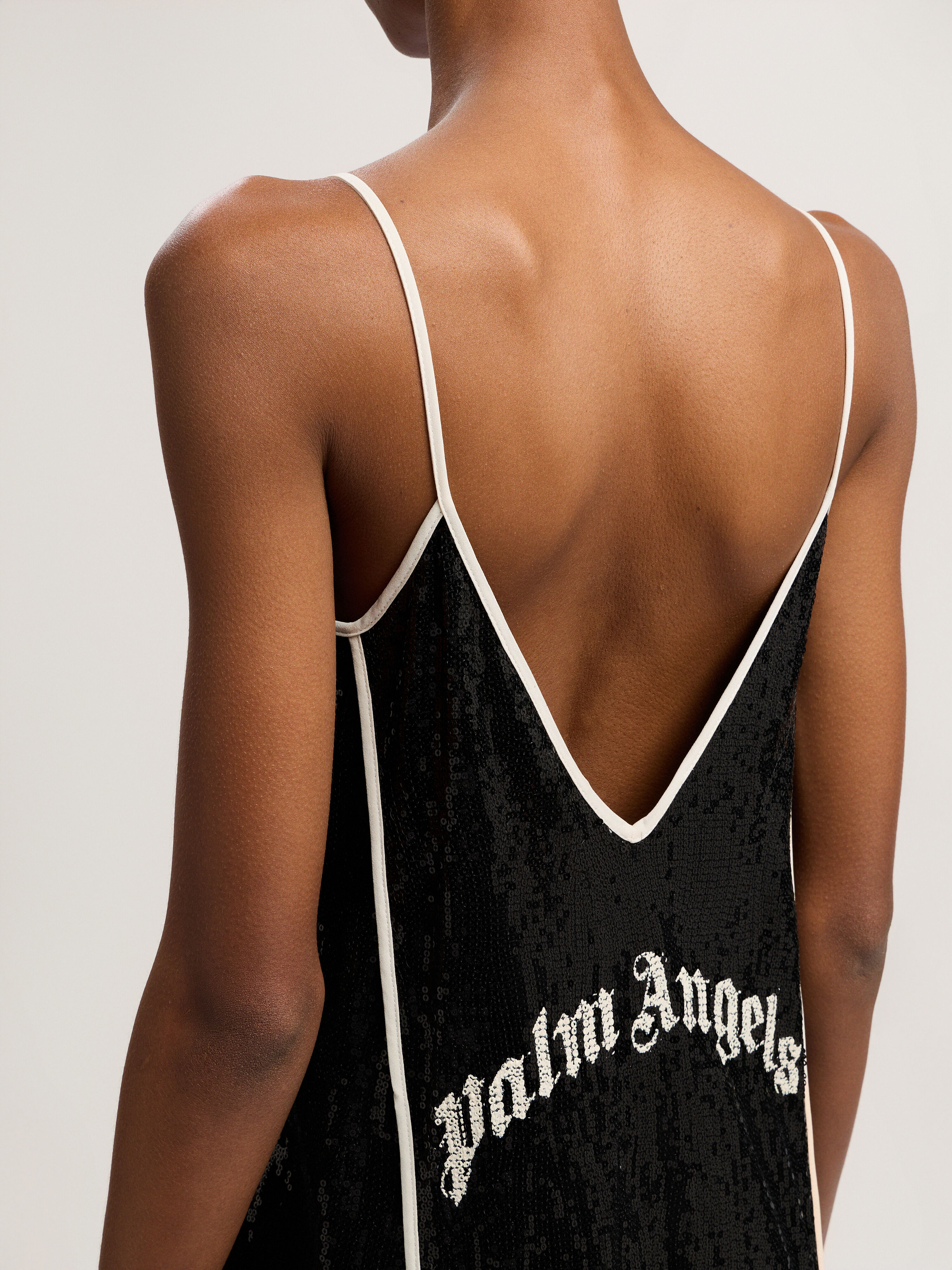 PALM ANGELS Curved Logo Sequin Slip Dress BLACK - OFF WHITE PWDJ009F25FAB001