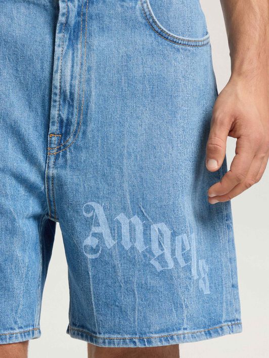 PALM ANGELS Splitted Curved Logo Loose Denim Shorts LIGHT BLUE - LIGHT BLUE PAMYC01F26DN01