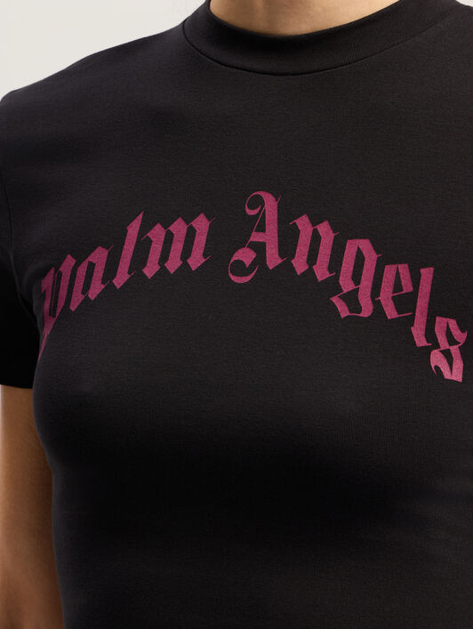 Curved Logo Baby Tee PALM ANGELS Curved Logo Baby Tee BLACK - FUCHSIA PWAA077F25JER002