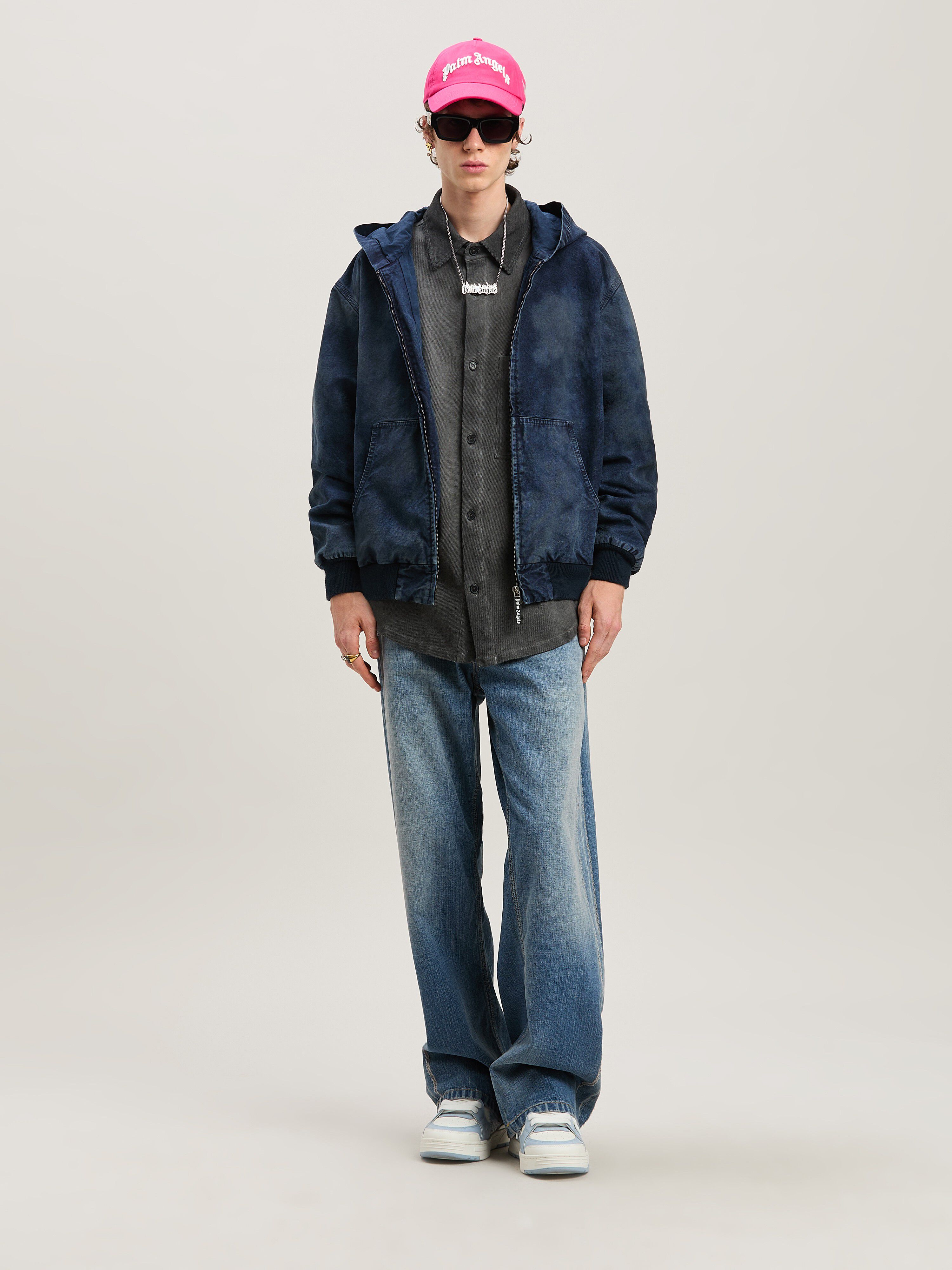 PALM ANGELS  Curved logo Dyed Bomber INDIGO BLU - INDIGO BLU PMEH035S25FAB002