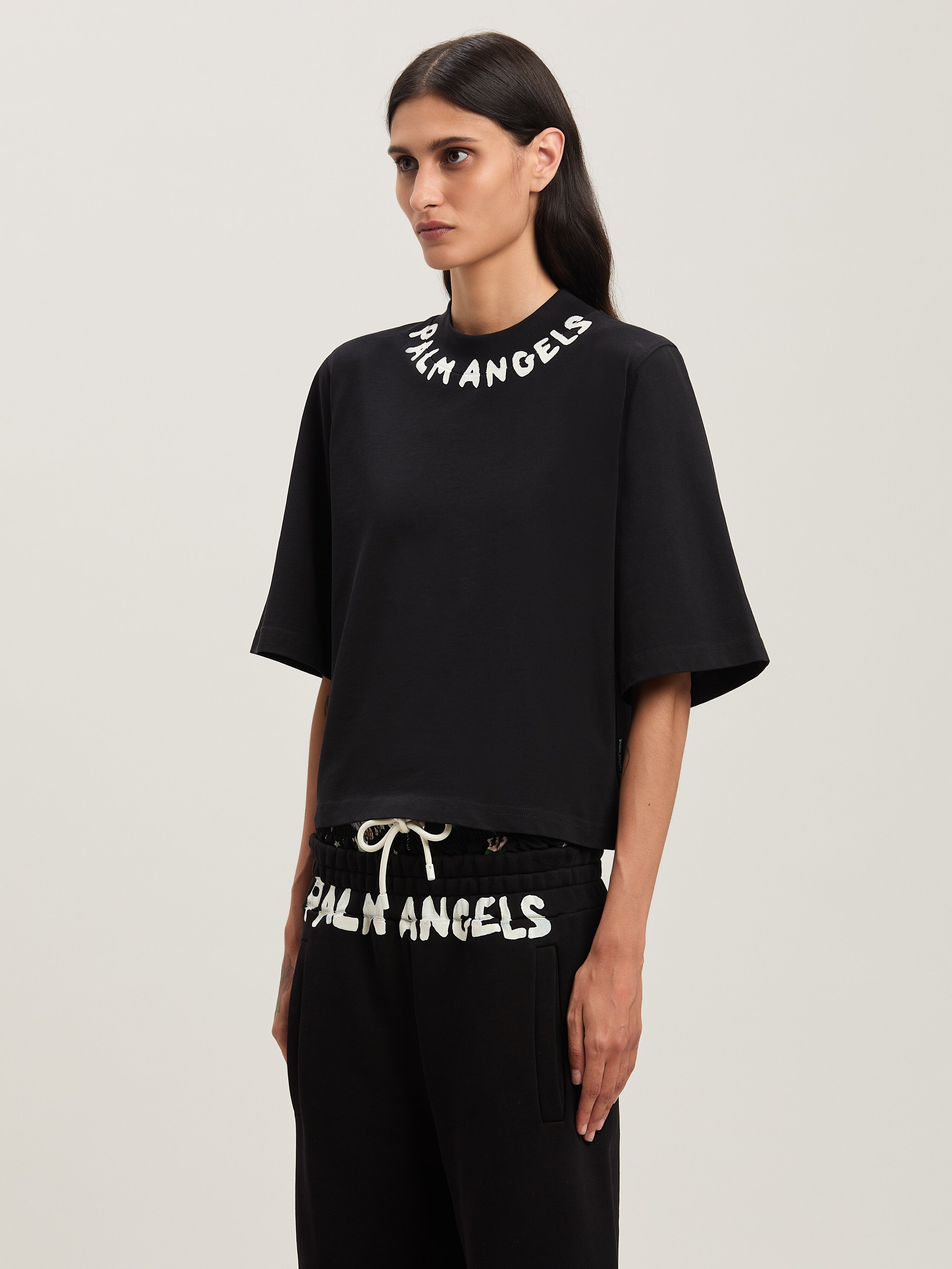 PALM ANGELS  Block logo cropped T-shirt BLACK - OFF WHITE PWAA020S25JER003