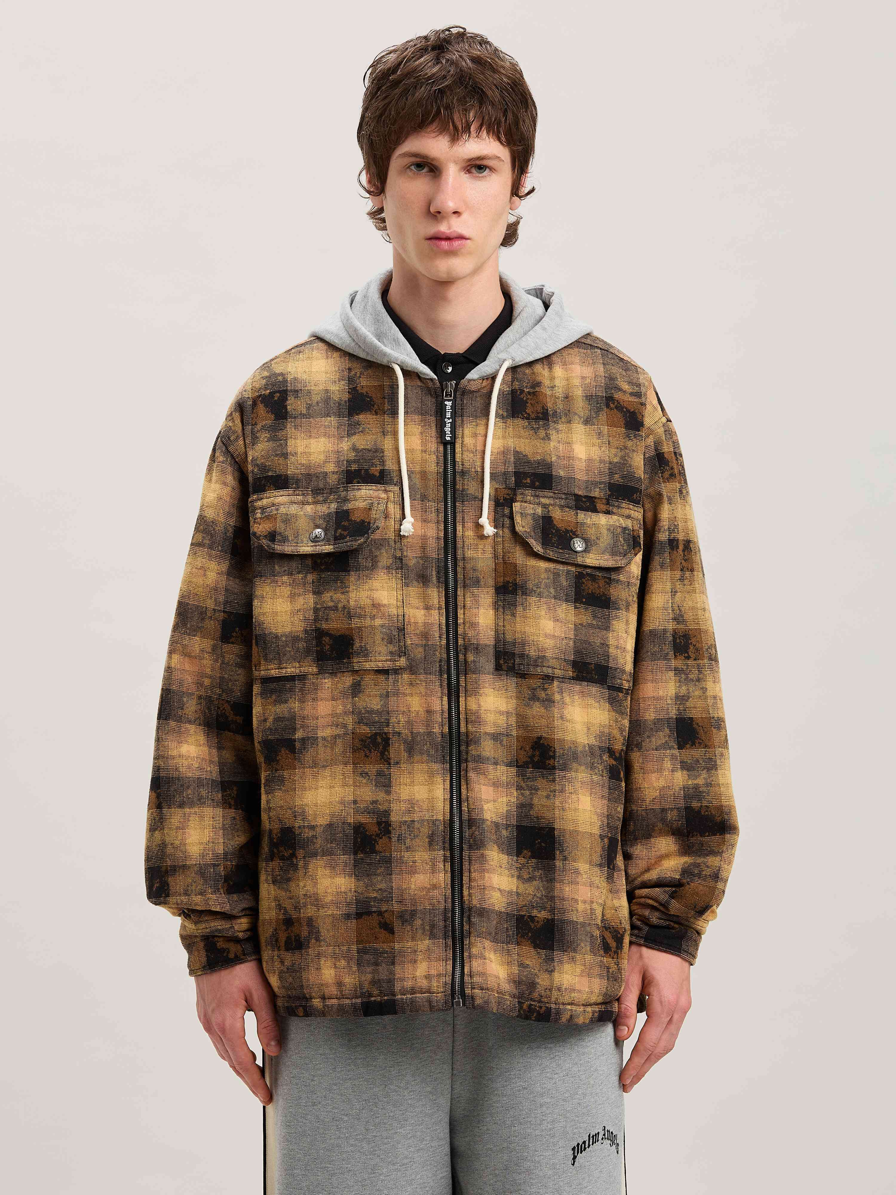 PALM ANGELS  Curved Logo Tartan Overshirt BROWN - OFF WHITE PMES038S25FAB001