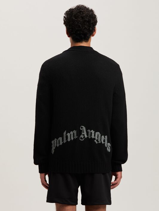 PALM ANGELS  Curved Logo knit cardigan BLACK - GREY MELANGE PMHB035S25KNI001