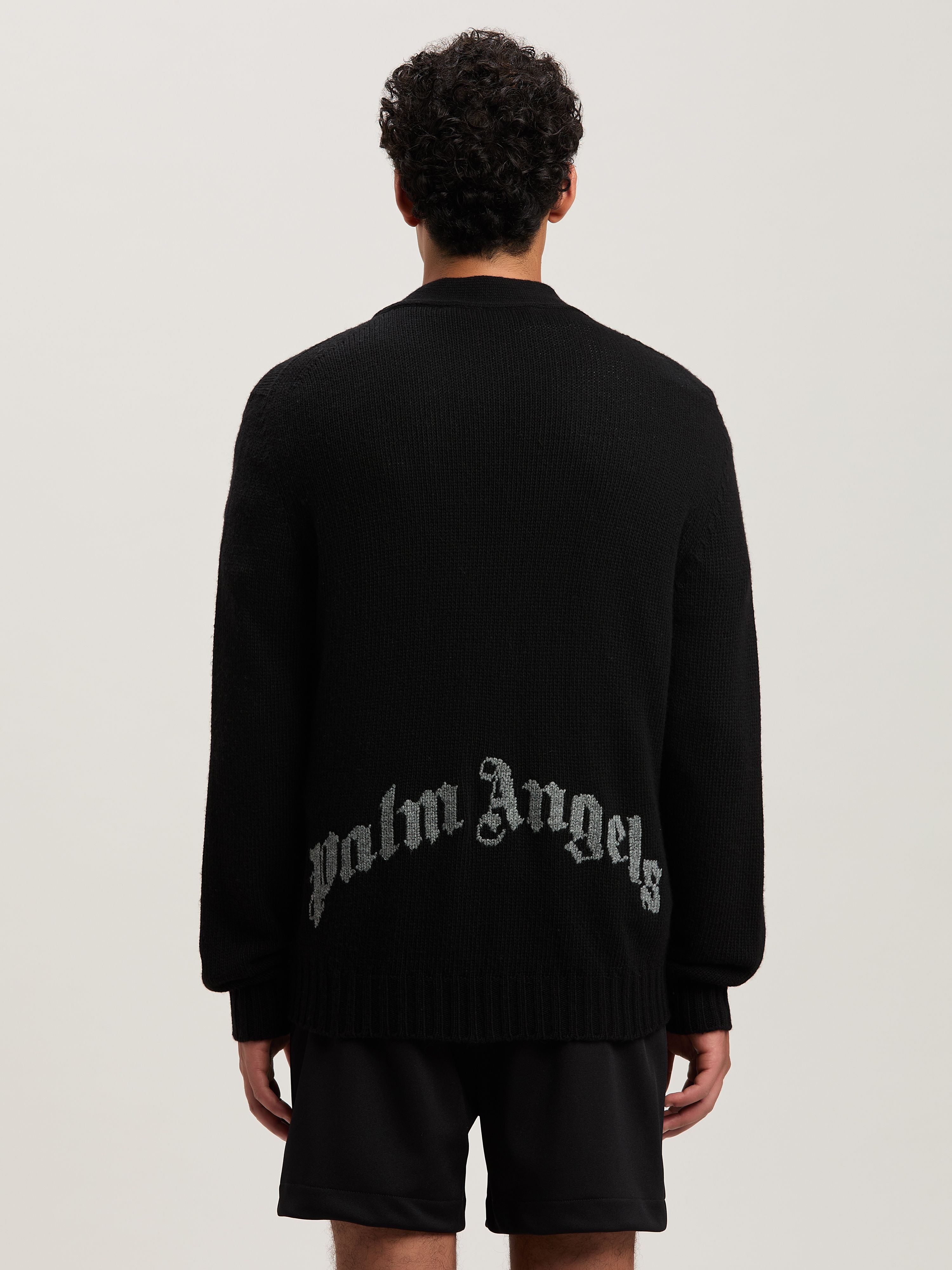 PALM ANGELS  Curved Logo knit cardigan BLACK - GREY MELANGE PMHB035S25KNI001