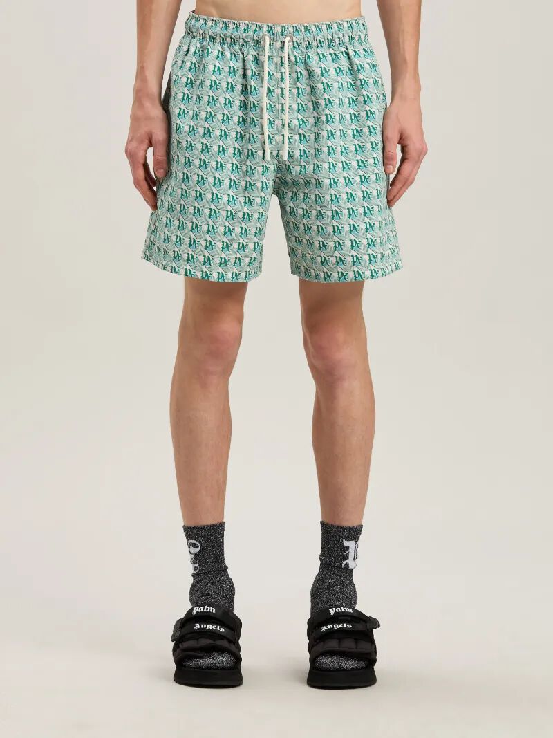 PALM ANGELS  PA DIAMONDS SWIMSHORTS GREEN - IVORY PMFD012S25FAB004