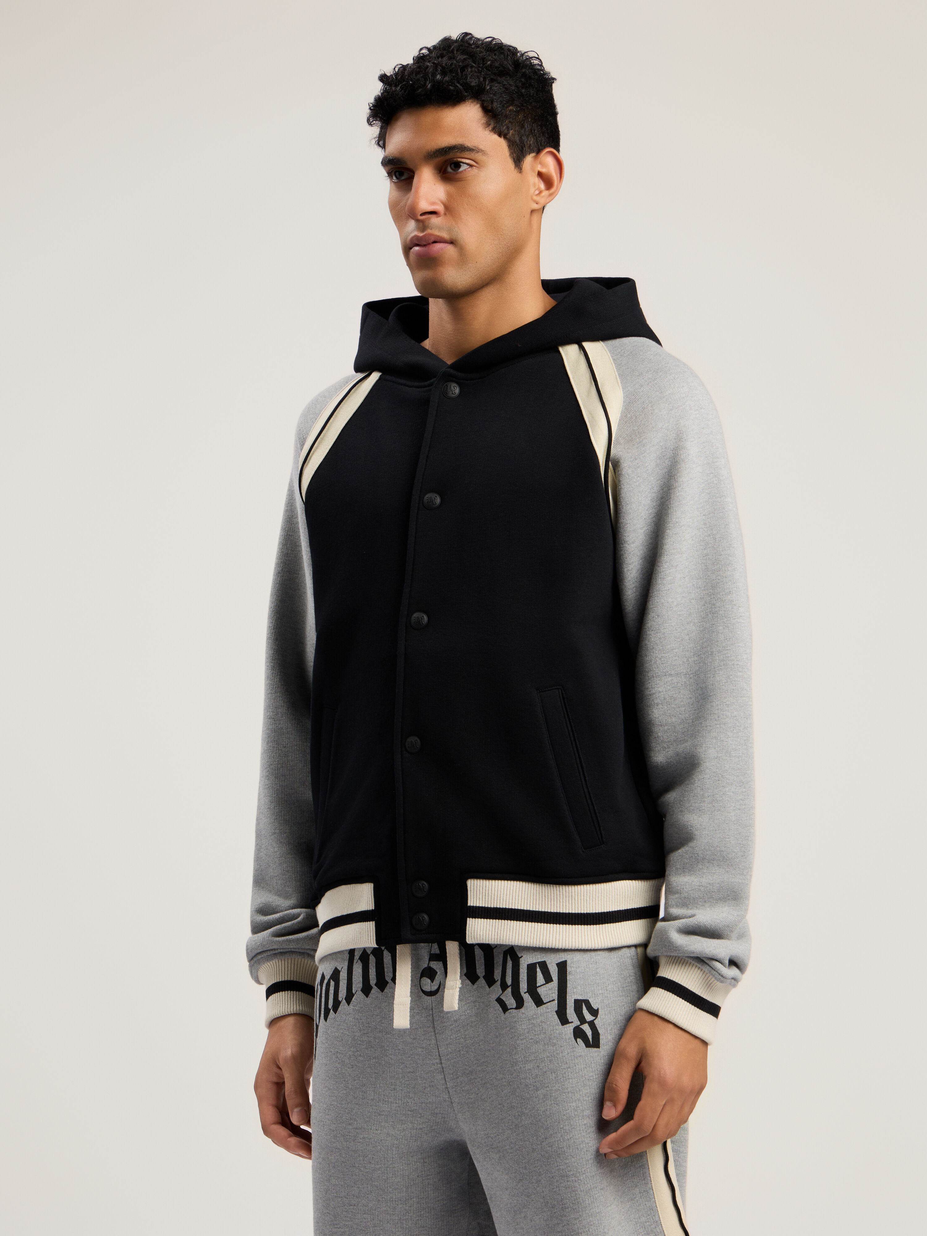 PALM ANGELS Curved Logo Track Varsity BLACK - GREY MELANGE PMEK013F25FLE001