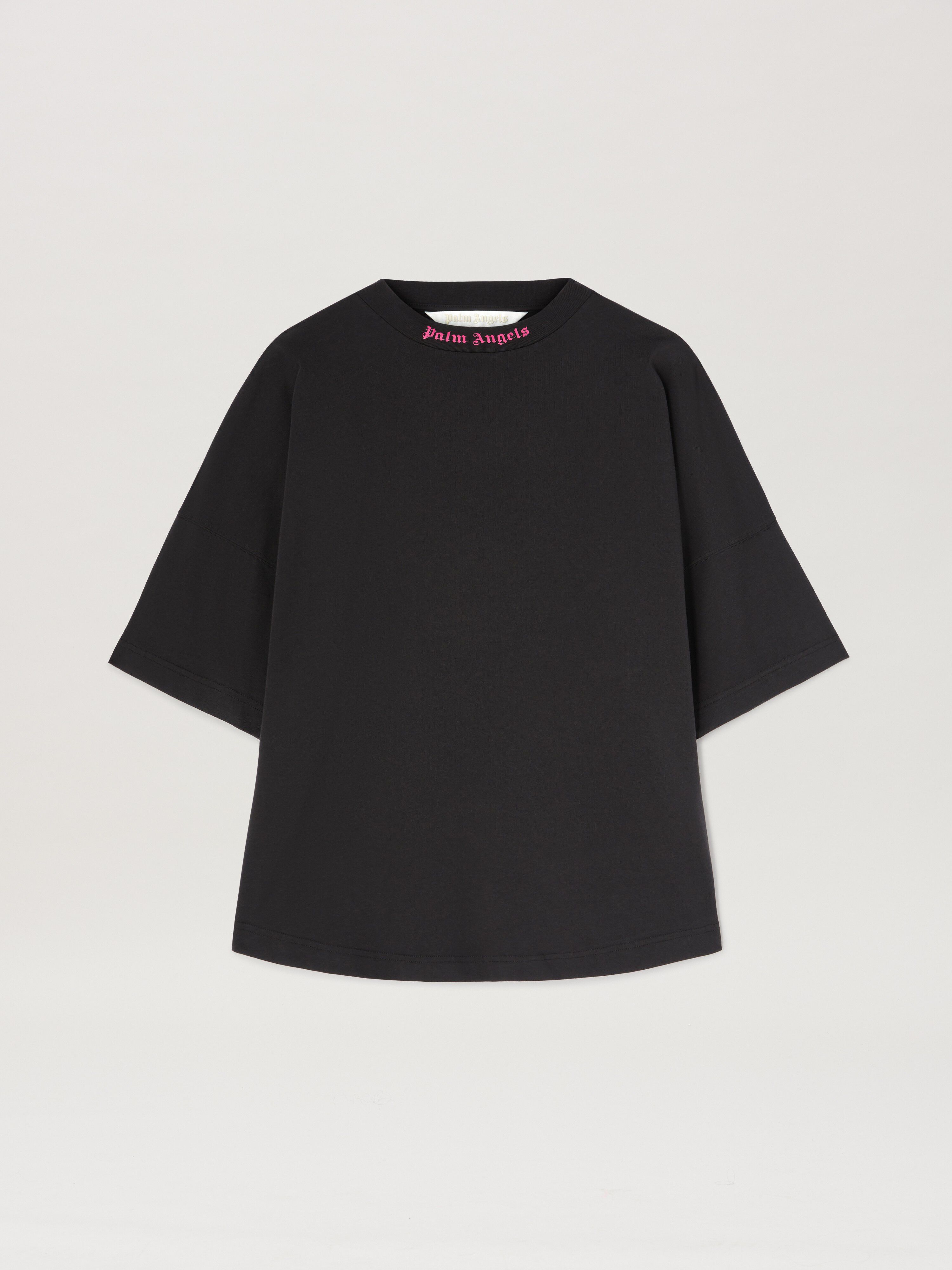 PALM ANGELS  Curved Logo oversize T-shirt BLACK - FUCHSIA PWAA023S25JER002