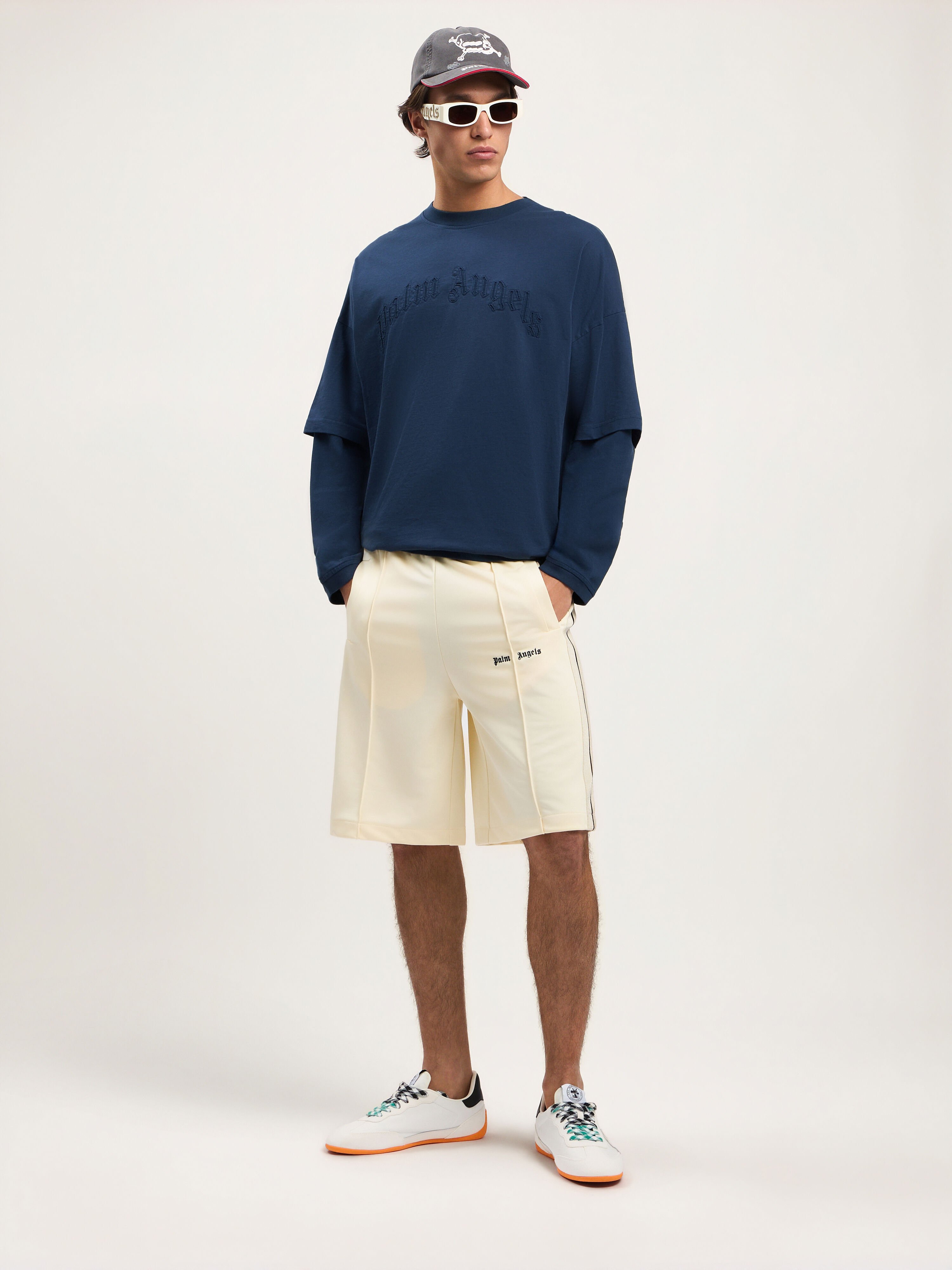 PALM ANGELS Curved Logo Double Long-Sleeved T-shirt NAVY BLUE NAVY BLUE PMAB05KS26JER001