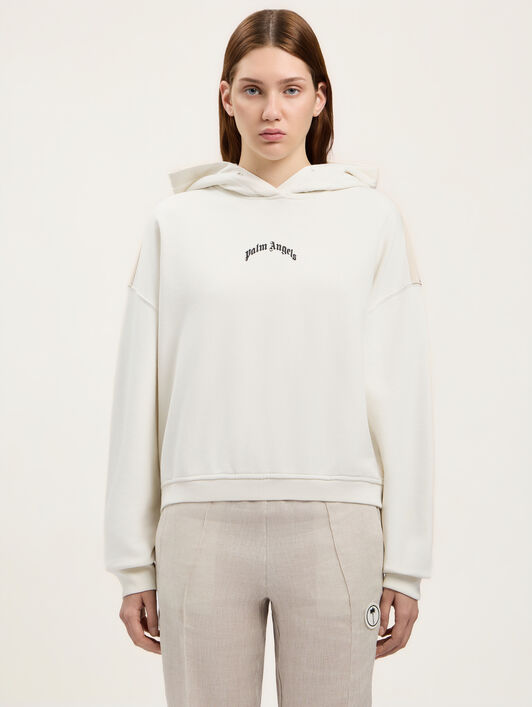 PALM ANGELS Curved Logo Loose Crop Hoodie OFF WHITE BLACK PWBB076S26FLE001