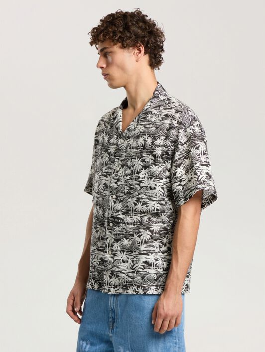PALM ANGELS Palm Waves Linen Bowling Shirt BLACK - OFF WHITE PAMGG01F26FB02