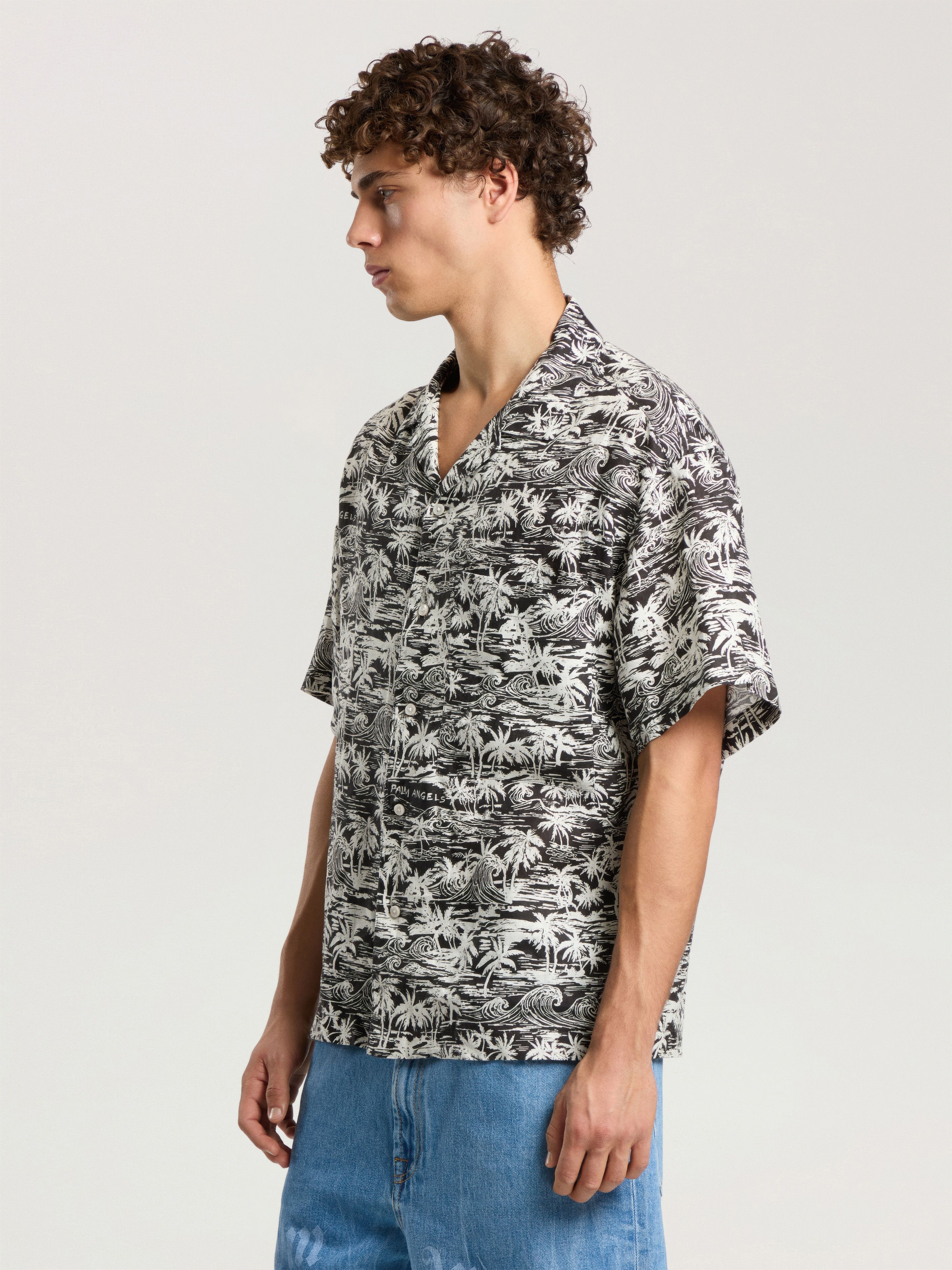 PALM ANGELS Palm Waves Linen Bowling Shirt BLACK - OFF WHITE PAMGG01F26FB02