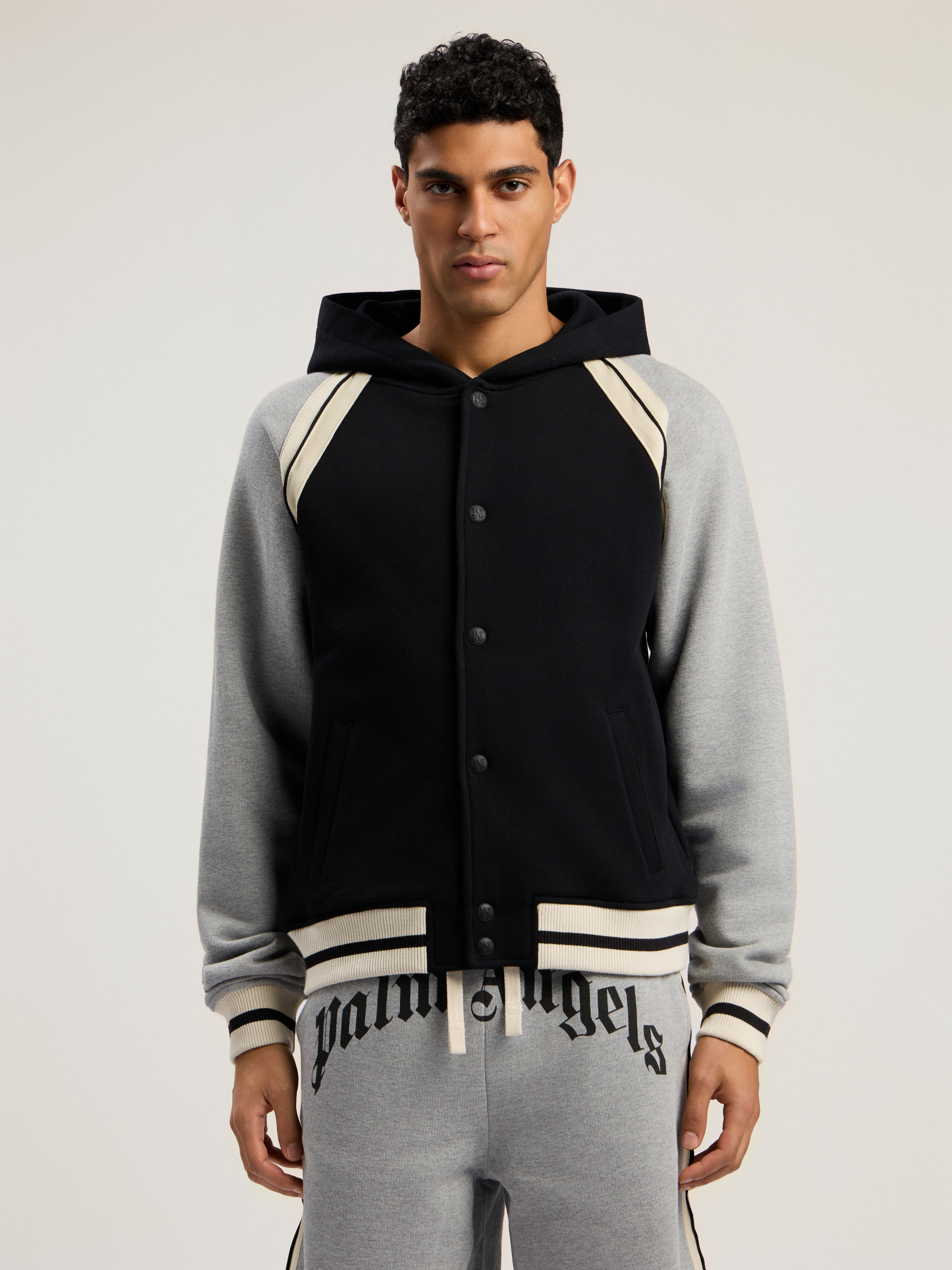 PALM ANGELS Curved Logo Track Varsity BLACK - GREY MELANGE PMEK013F25FLE001