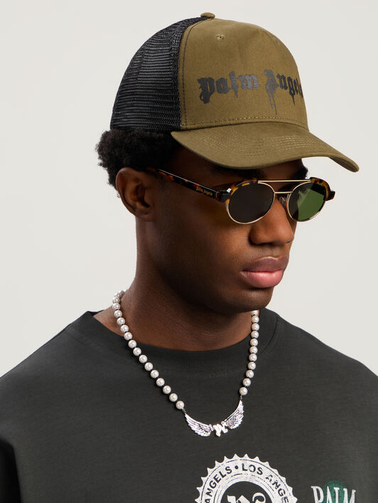 PALM ANGELS Spray Logo Trucker Cap ARMY GREEN - BLACK PMLB068F25FAB002