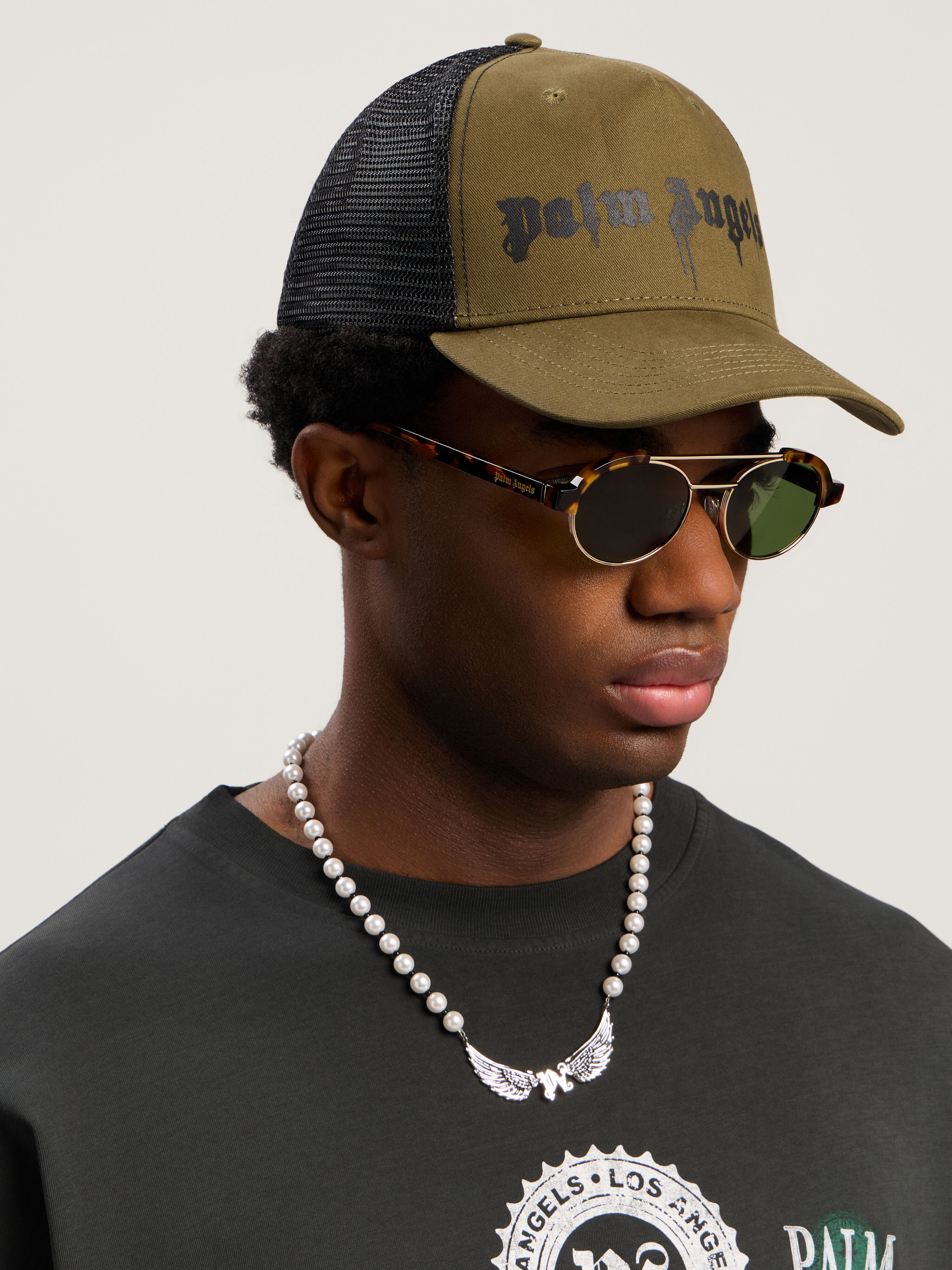 PALM ANGELS Spray Logo Trucker Cap ARMY GREEN - BLACK PMLB068F25FAB002