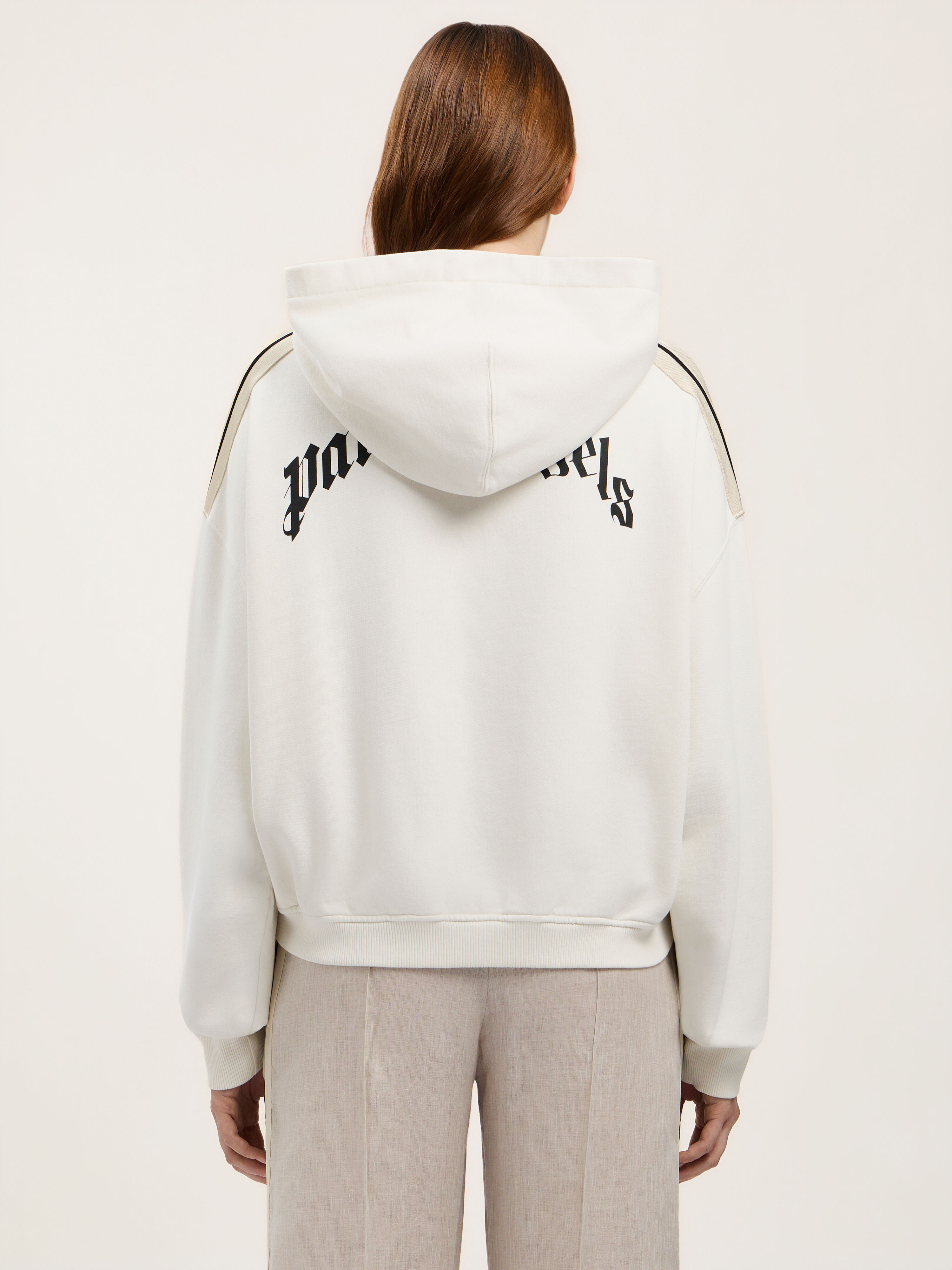 PALM ANGELS Curved Logo Loose Crop Hoodie OFF WHITE BLACK PWBB076S26FLE001