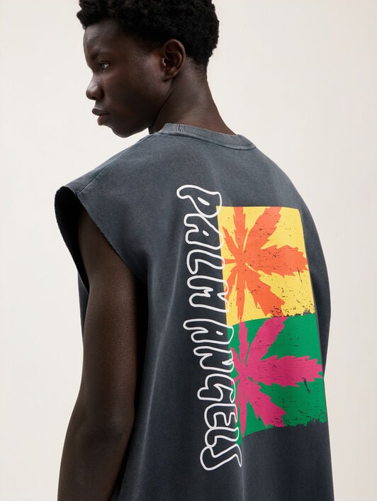 Palm Leaf Distressed Tank PALM ANGELS Palm Leaf Distressed Tank BLACK MULTICOLOR PMAC00BS26JER001