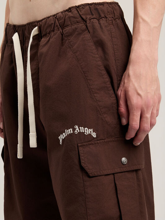 PALM ANGELS Curved Logo Loose Cargo Shorts BROWN OFF WHITE PMCS012S26FAB002