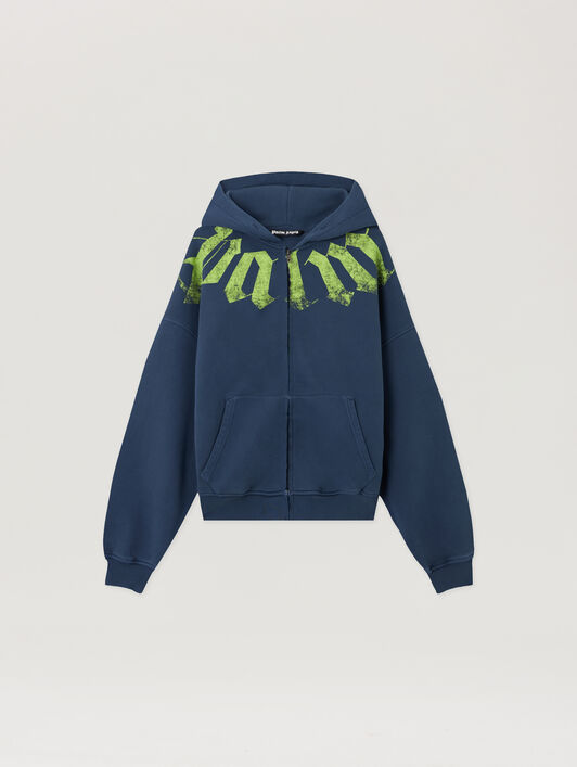 PALM ANGELS Big Neck Logo Zip Loose Hoodie NAVY BLUE LIME PMBE02FS26FLE001