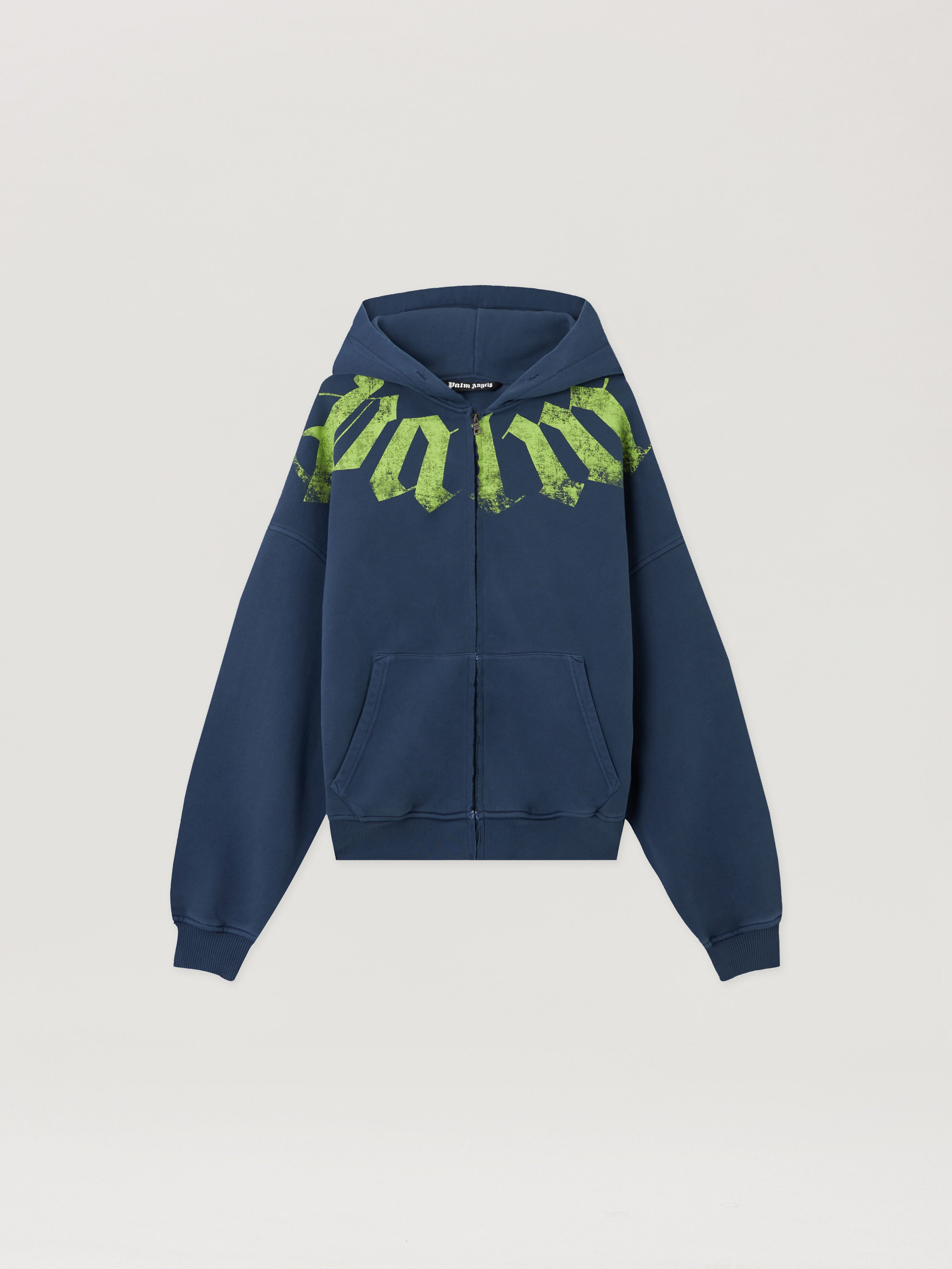 PALM ANGELS Big Neck Logo Zip Loose Hoodie NAVY BLUE LIME PMBE02FS26FLE001