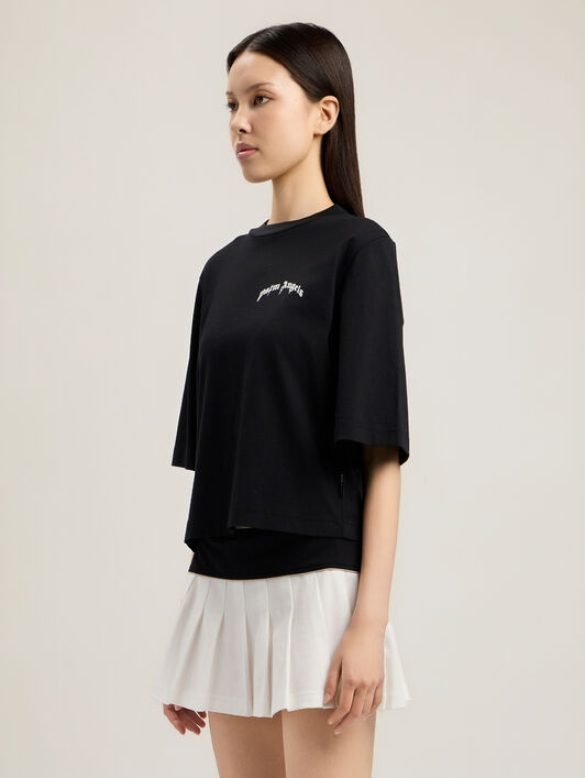 PALM ANGELS Mini Curved Logo Boxy T-Shirt BLACK OFF WHITE PWAA079S26JER003