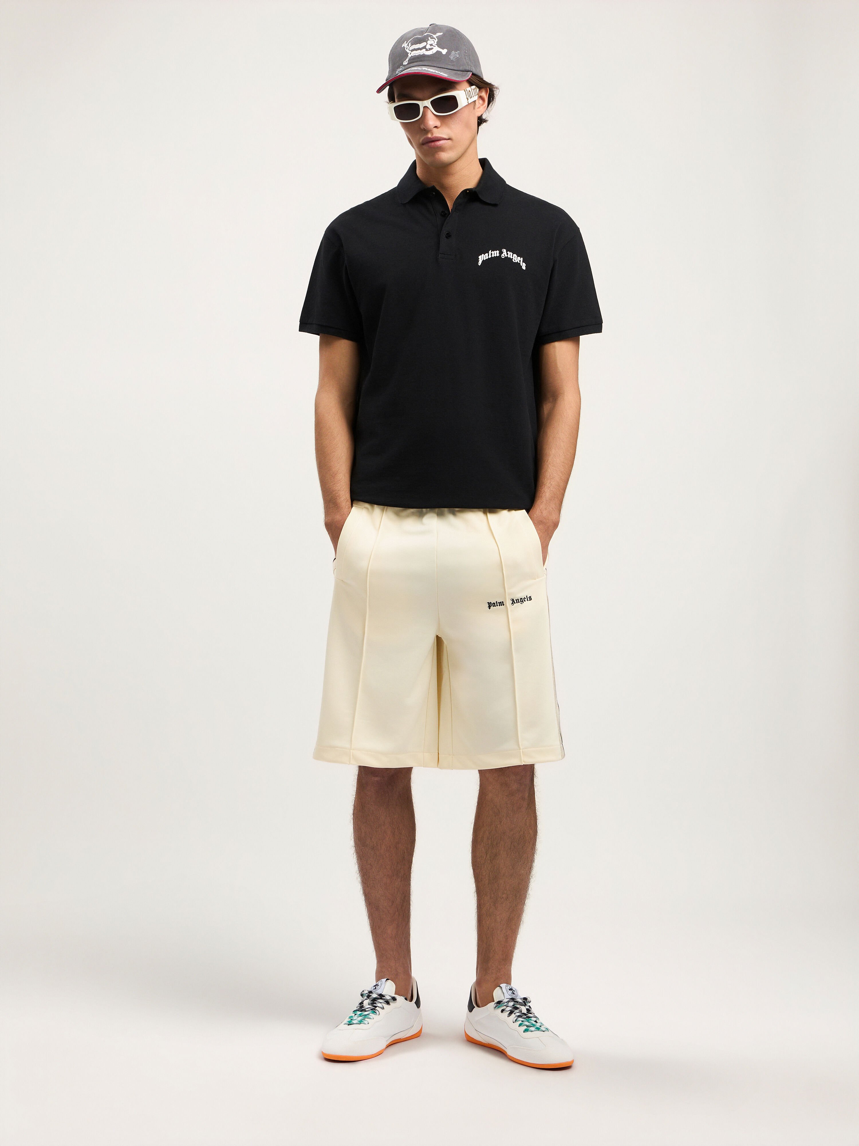 PALM ANGELS Curved Logo Polo Shirt BLACK OFF WHITE PMGB012S26FAB005