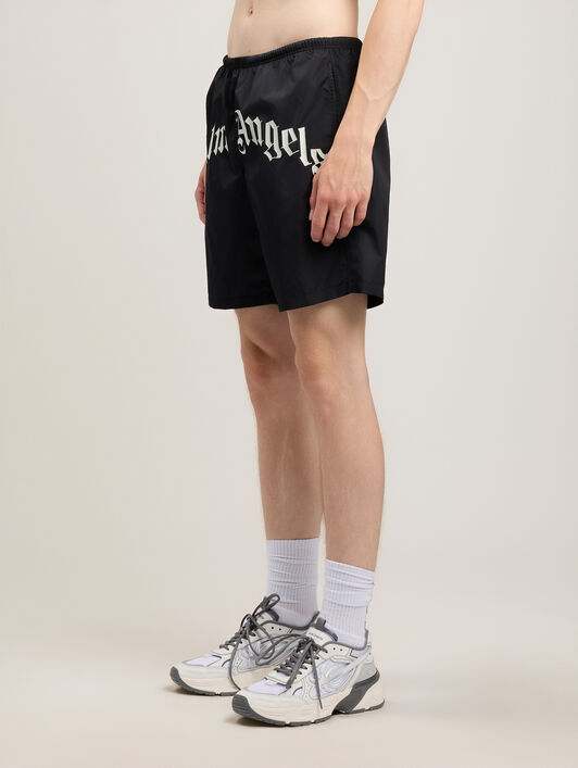 PALM ANGELS Curved Logo Swimshorts BLACK OFF WHITE PMFD018S26FAB001