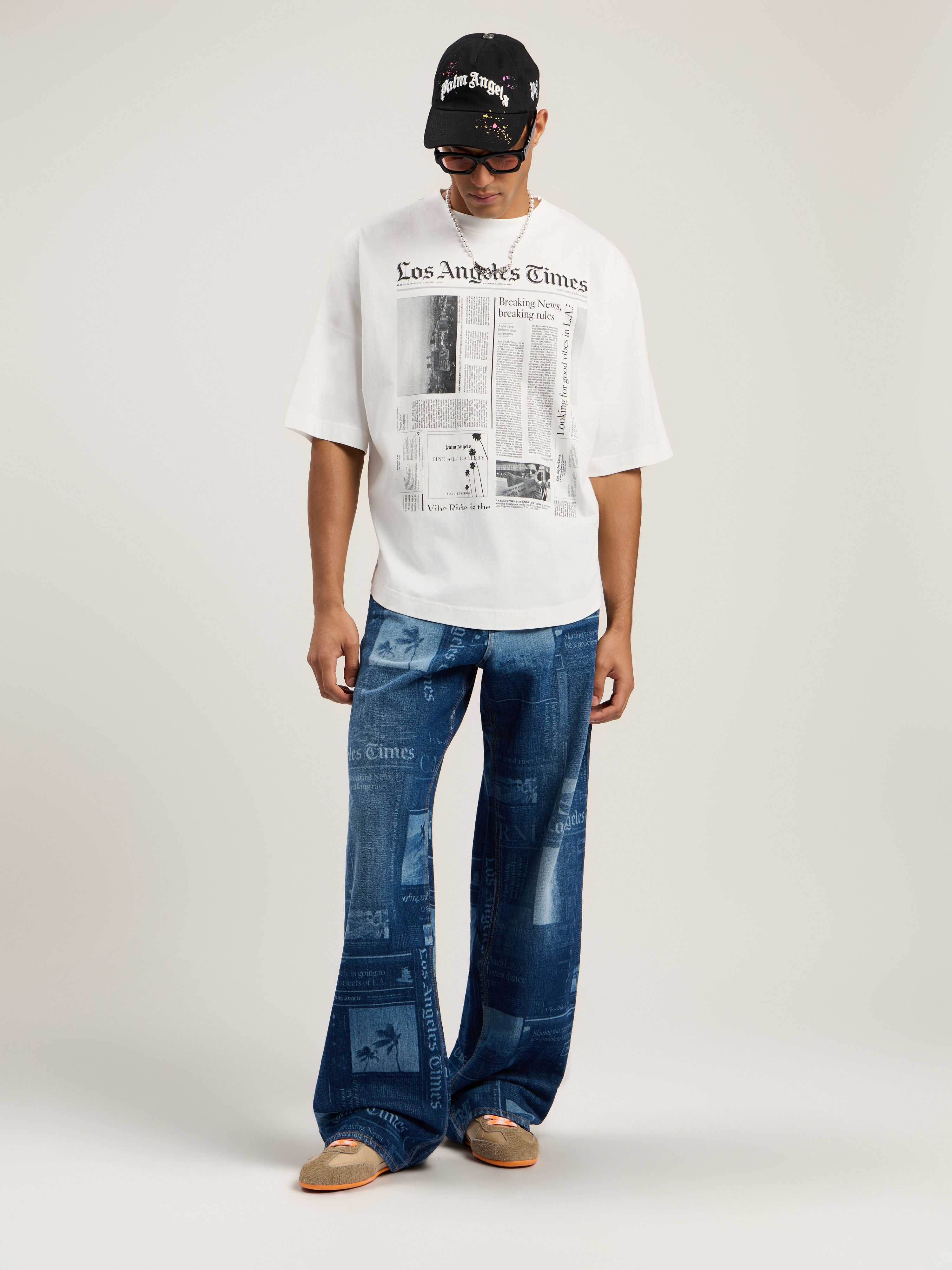 PALM ANGELS Paxlatimes News Over T-shirt OFF WHITE - BLACK PMAA10BF25JER002