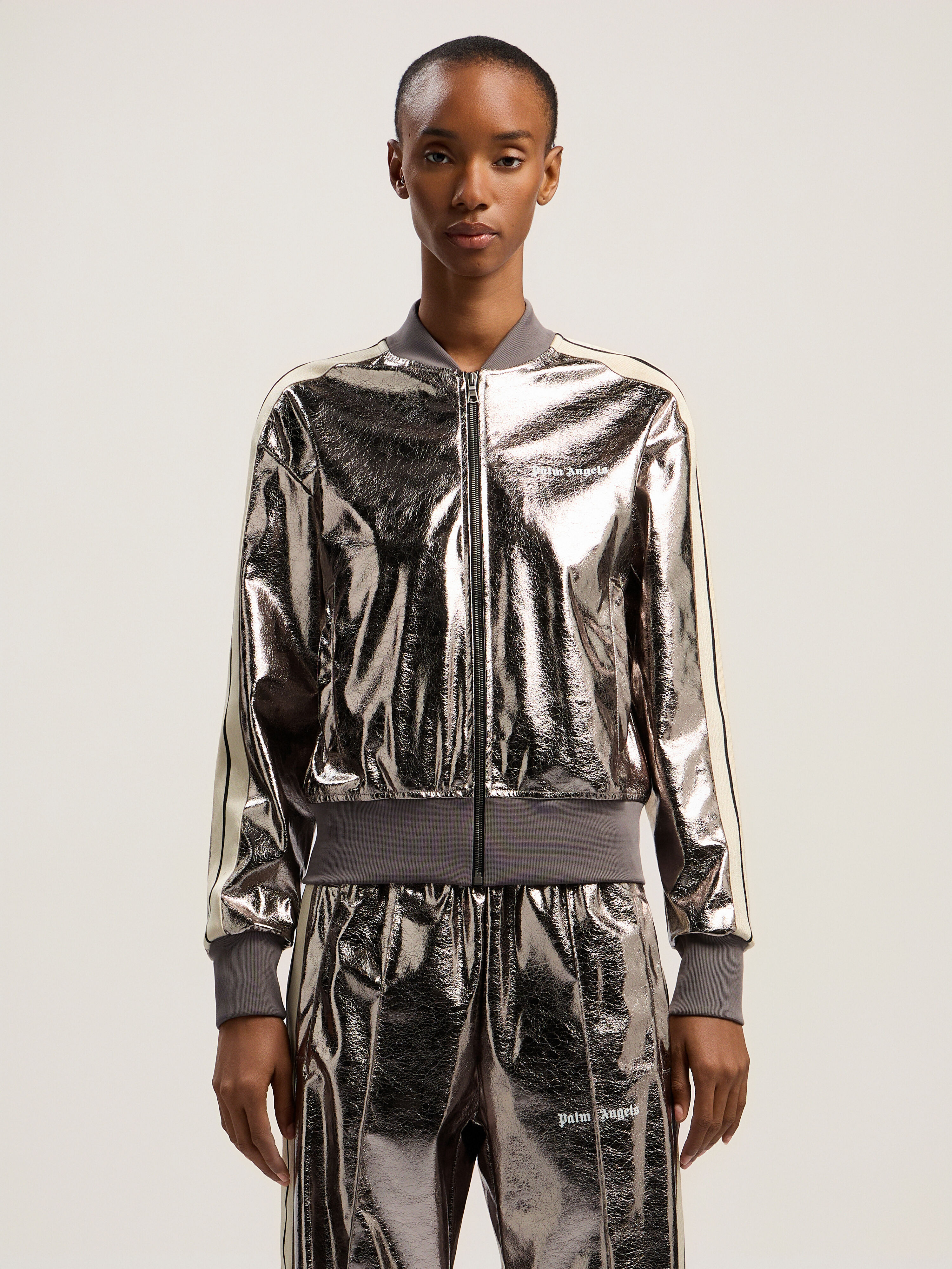 PALM ANGELS Laminated Track Jacket GUNMETAL - OFF WHITE PWBD050F25FAB001