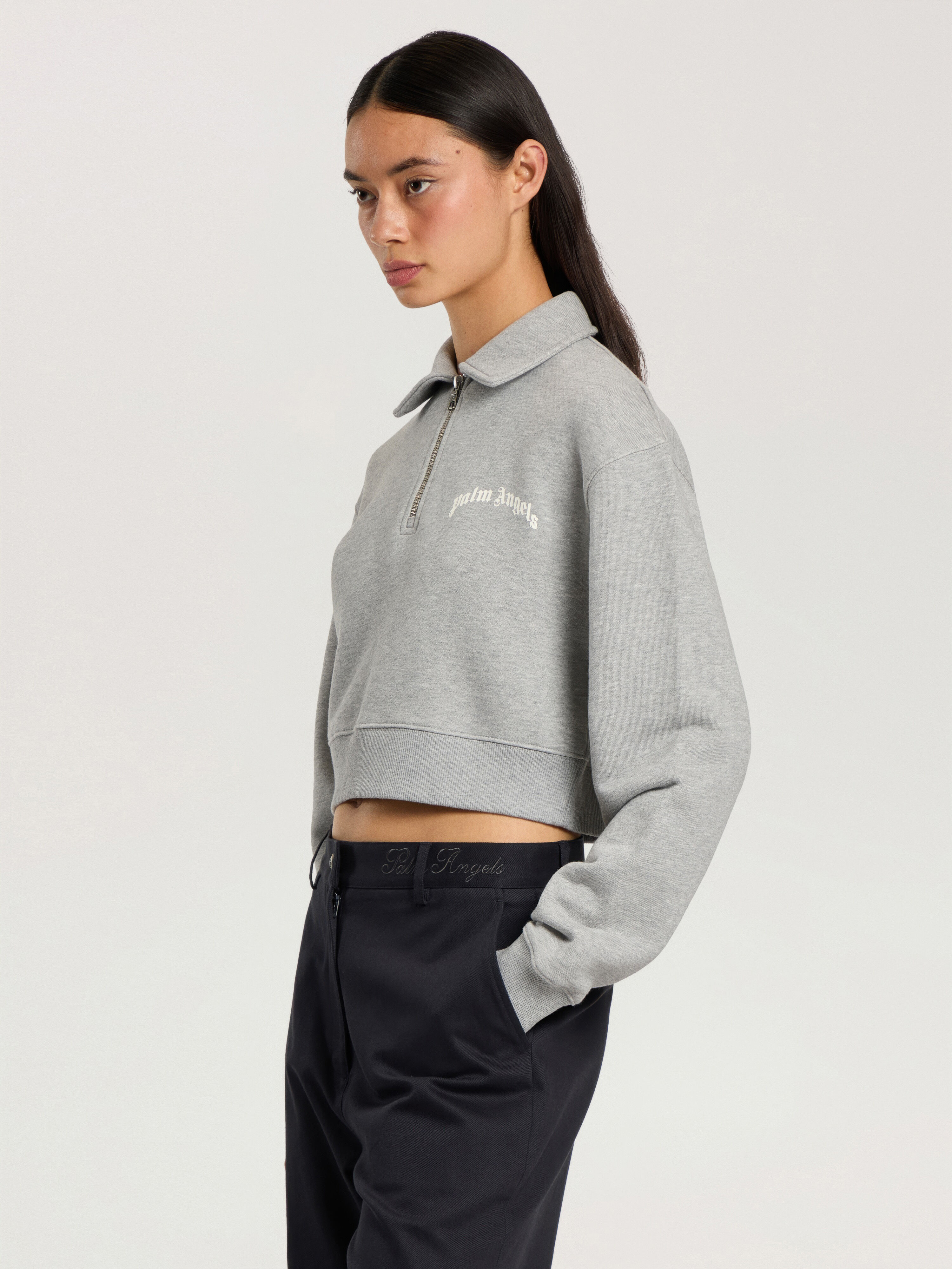 Curved Logo Crop Polo Crew Long Sleeve PALM ANGELS Curved Logo Crop Polo Crew Long Sleeve GREY MELANGE - OFF WHITE PAWGC03F26FL01