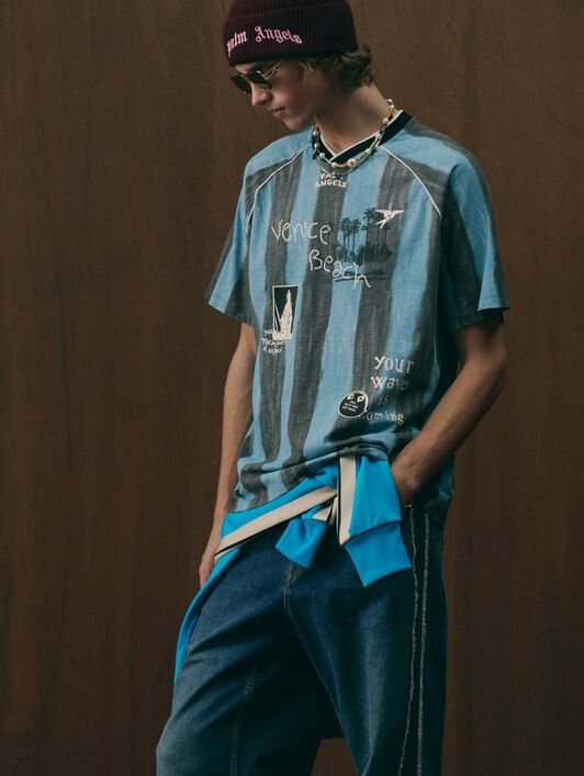 PALM ANGELS Soccer Cali Regular T-Shirt BLACK - BLUE PAMAA09F26JR01