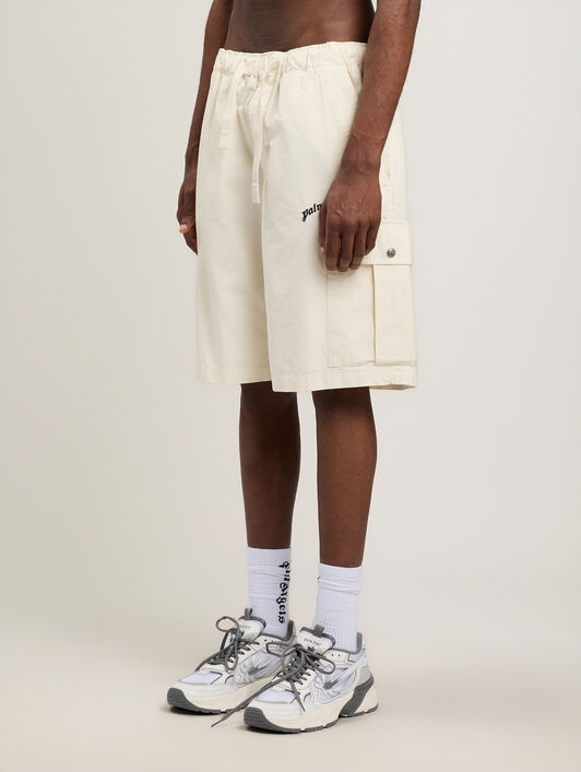 PALM ANGELS Curved Logo Loose Cargo Shorts OFF WHITE BLACK PMCS012S26FAB002