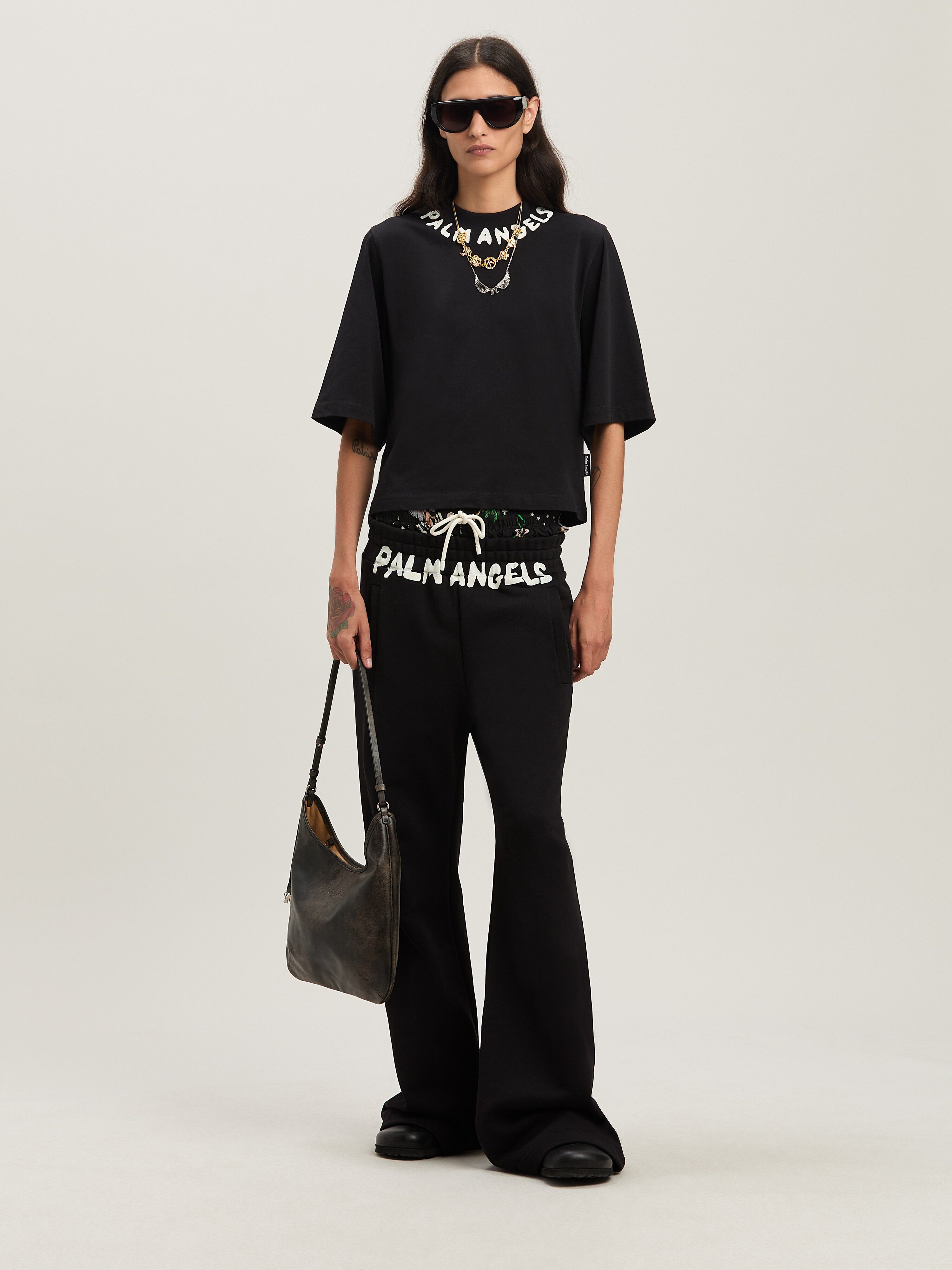 PALM ANGELS  Block logo cropped T-shirt BLACK - OFF WHITE PWAA020S25JER003