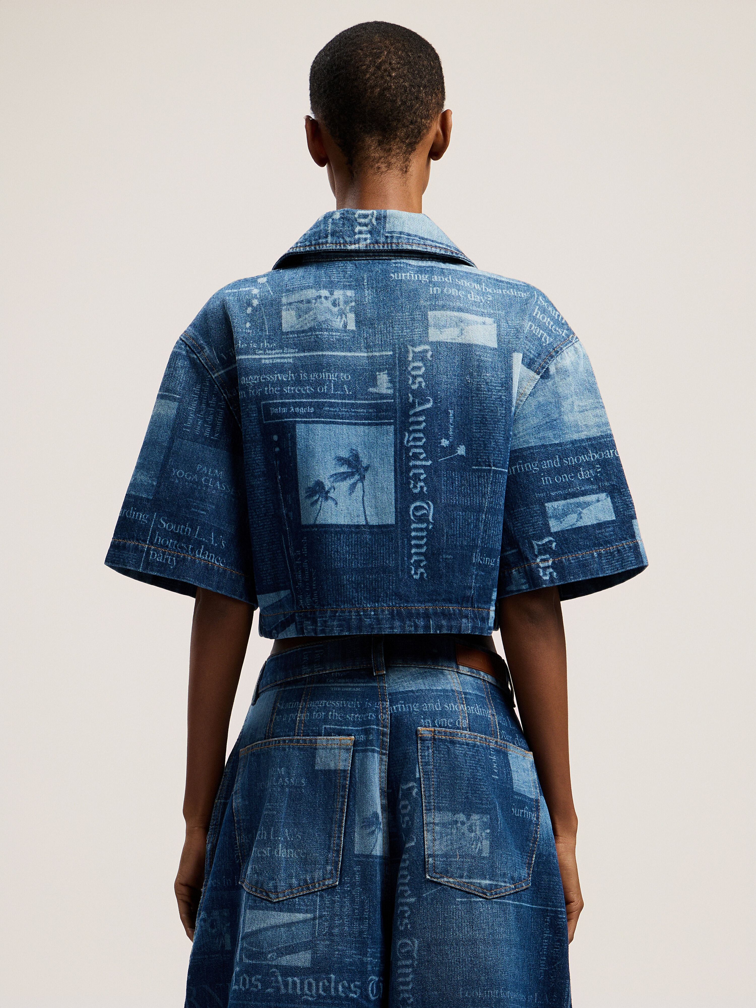 PALM ANGELS Newspaper Print Denim Shirt MEDIUM BLUE - DUSTY BLUE PWYD022F25DEN001