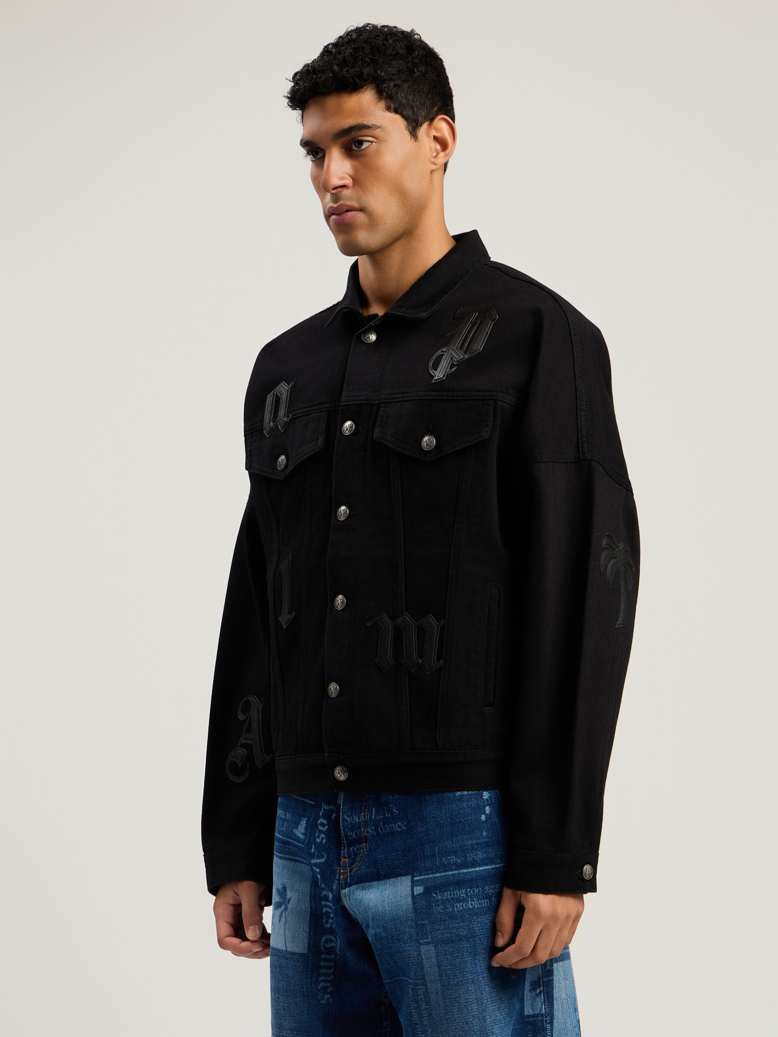PALM ANGELS Gothic Logo Denim Jacket BLACK - BLACK PMYE006F25DEN001