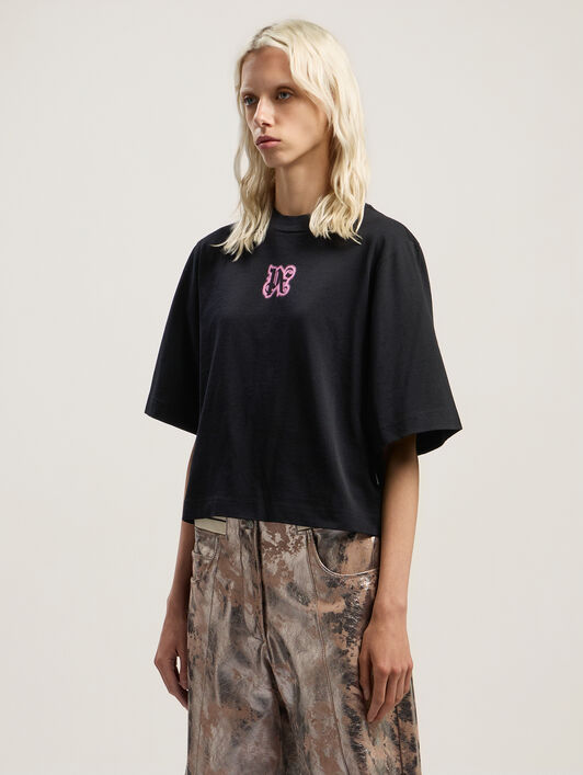 PALM ANGELS Classic Logo Cropped Tee BLACK - PINK PWAA079F25JER003