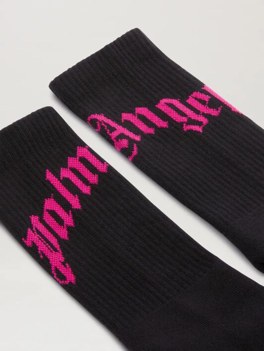 PALM ANGELS  Jacquarded Curved logo socks BLACK - FUCHSIA PWRA00AS25FAB001
