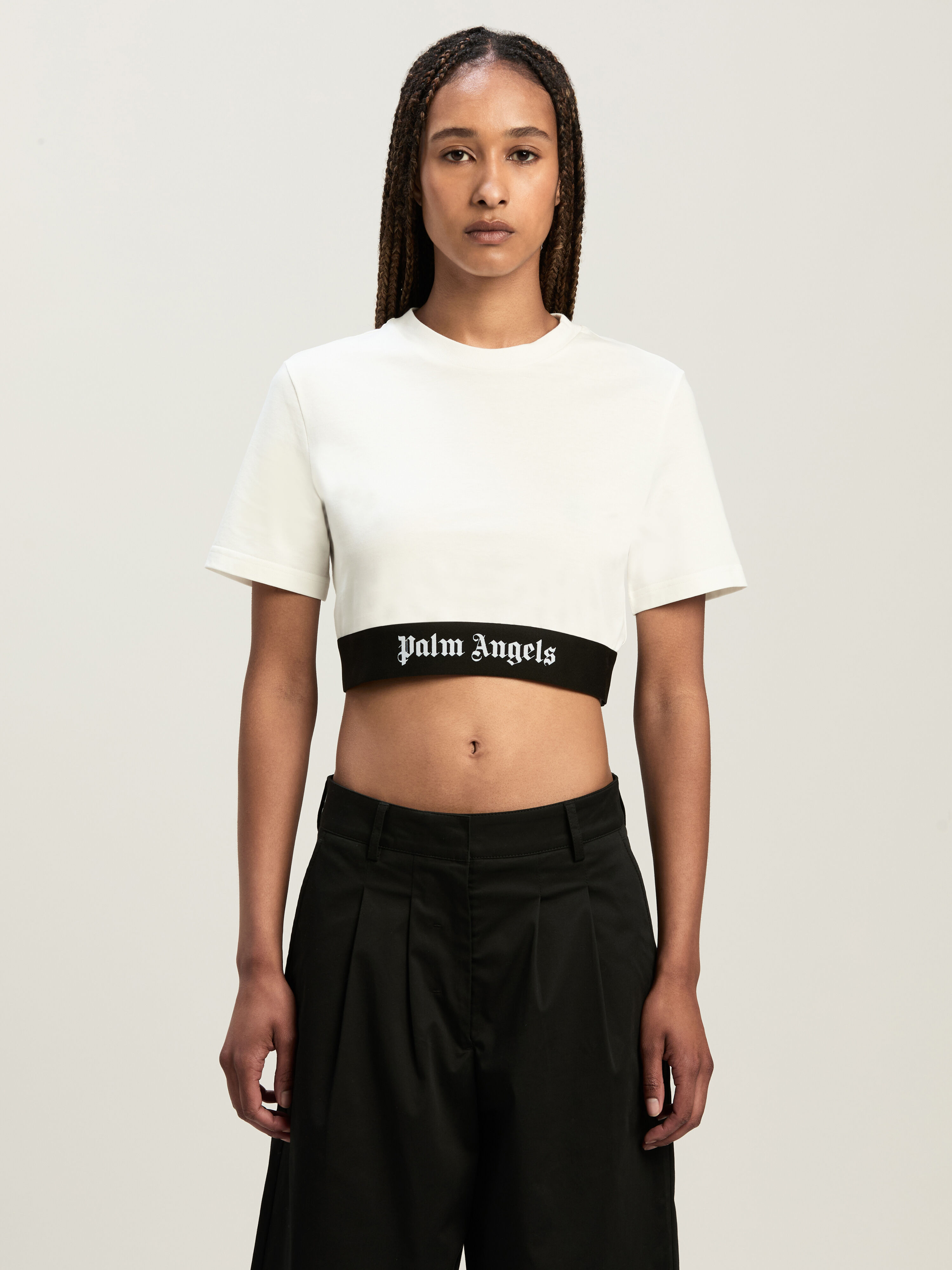 PALM ANGELS Classic Logo Tape Crop Tee Off White Bla OFF WHITE BLACK PWAA067C99JER001
