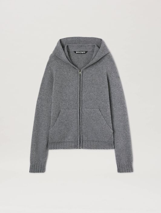 PALM ANGELS  Curved Logo knit hoodie GREY MELANGE - OFF WHITE PMHU023S25KNI001