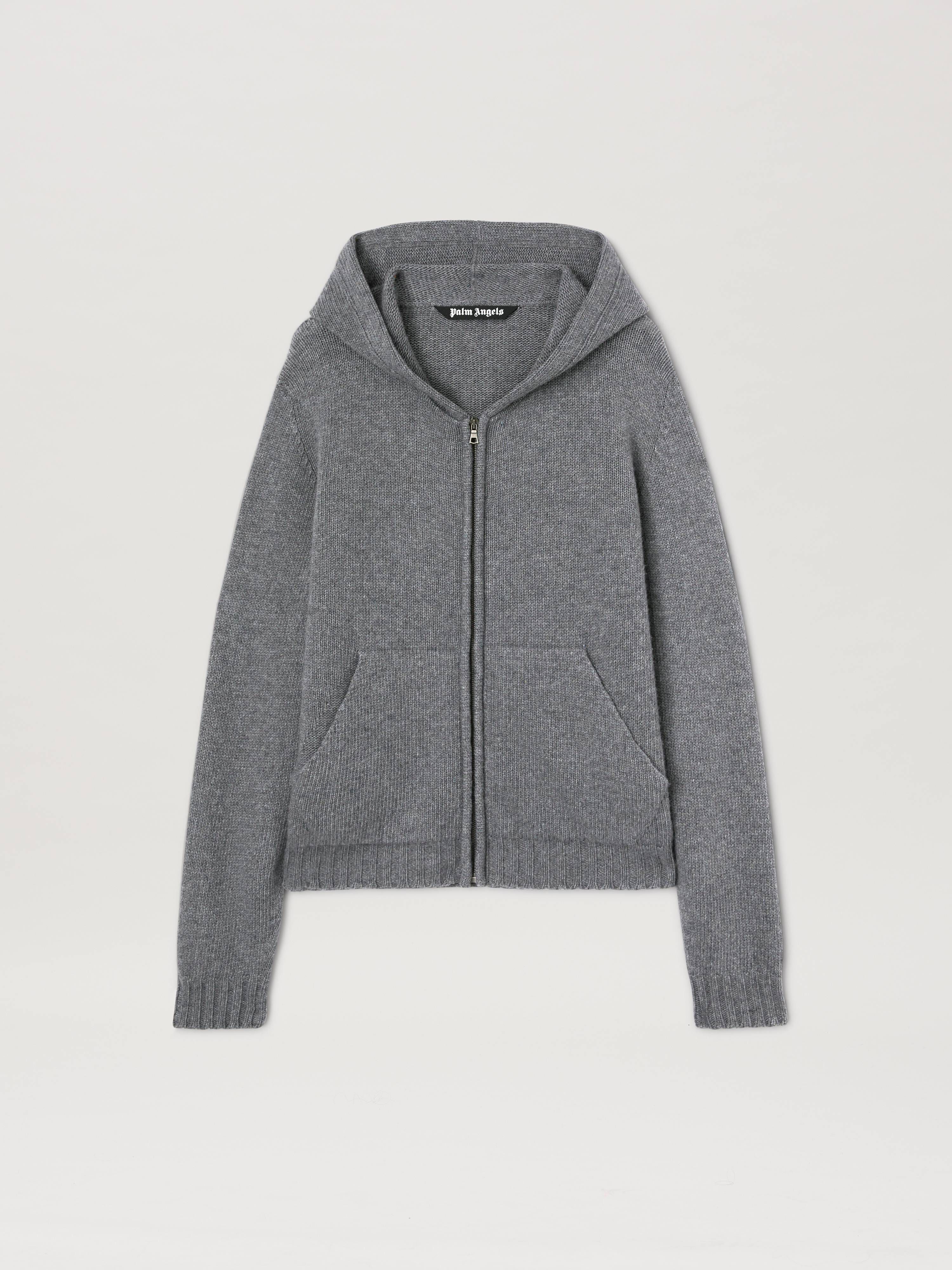 PALM ANGELS  Curved Logo knit hoodie GREY MELANGE - OFF WHITE PMHU023S25KNI001