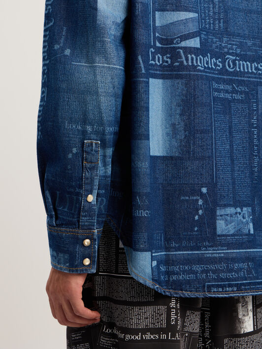 PALM ANGELS News Print Denim Shirt MEDIUM BLUE - DUSTY BLUE PMYD019F25DEN001